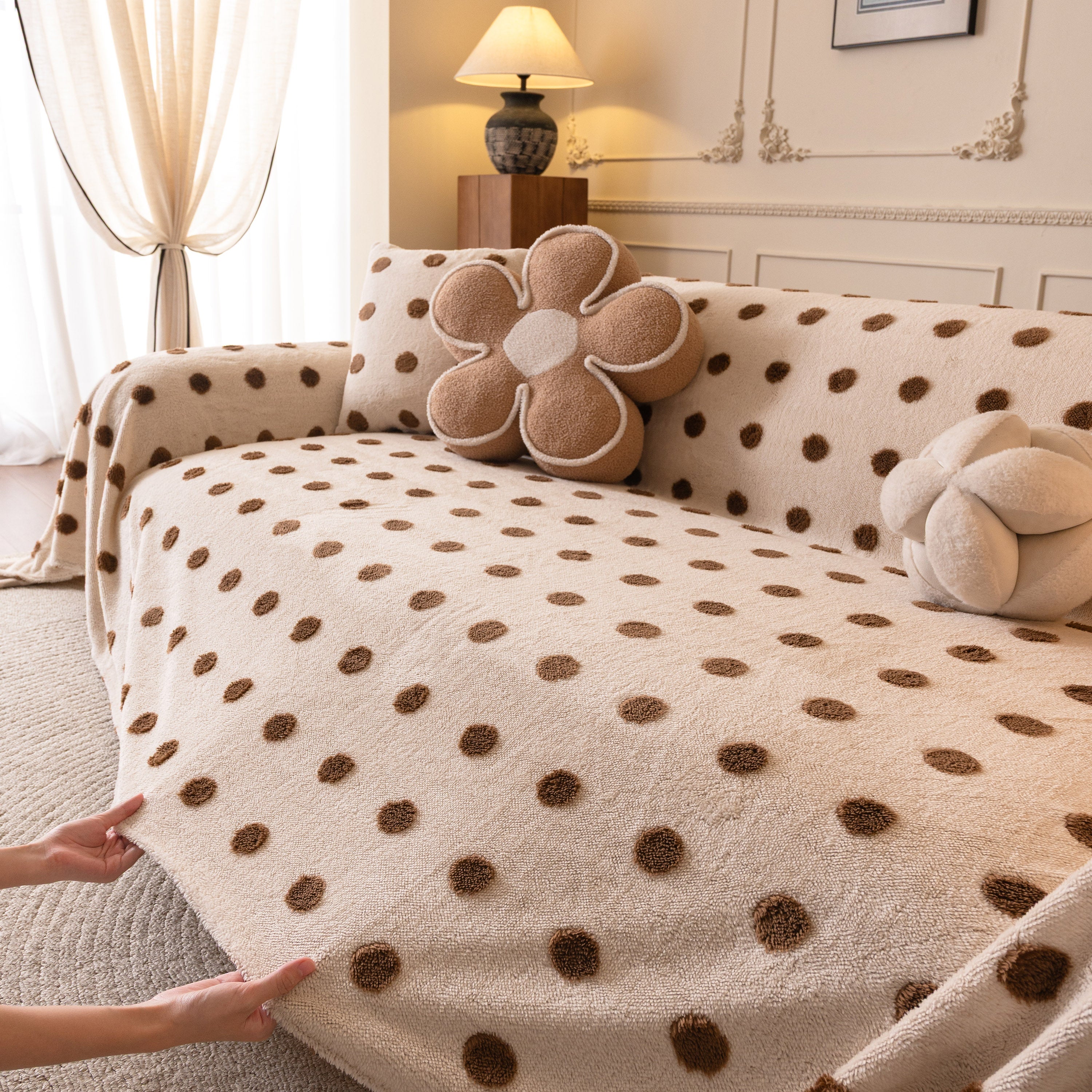 Plush Fleece Sofa Cover Throw, Soft Textured Polka Dot Couch Protector Blanket for Pets