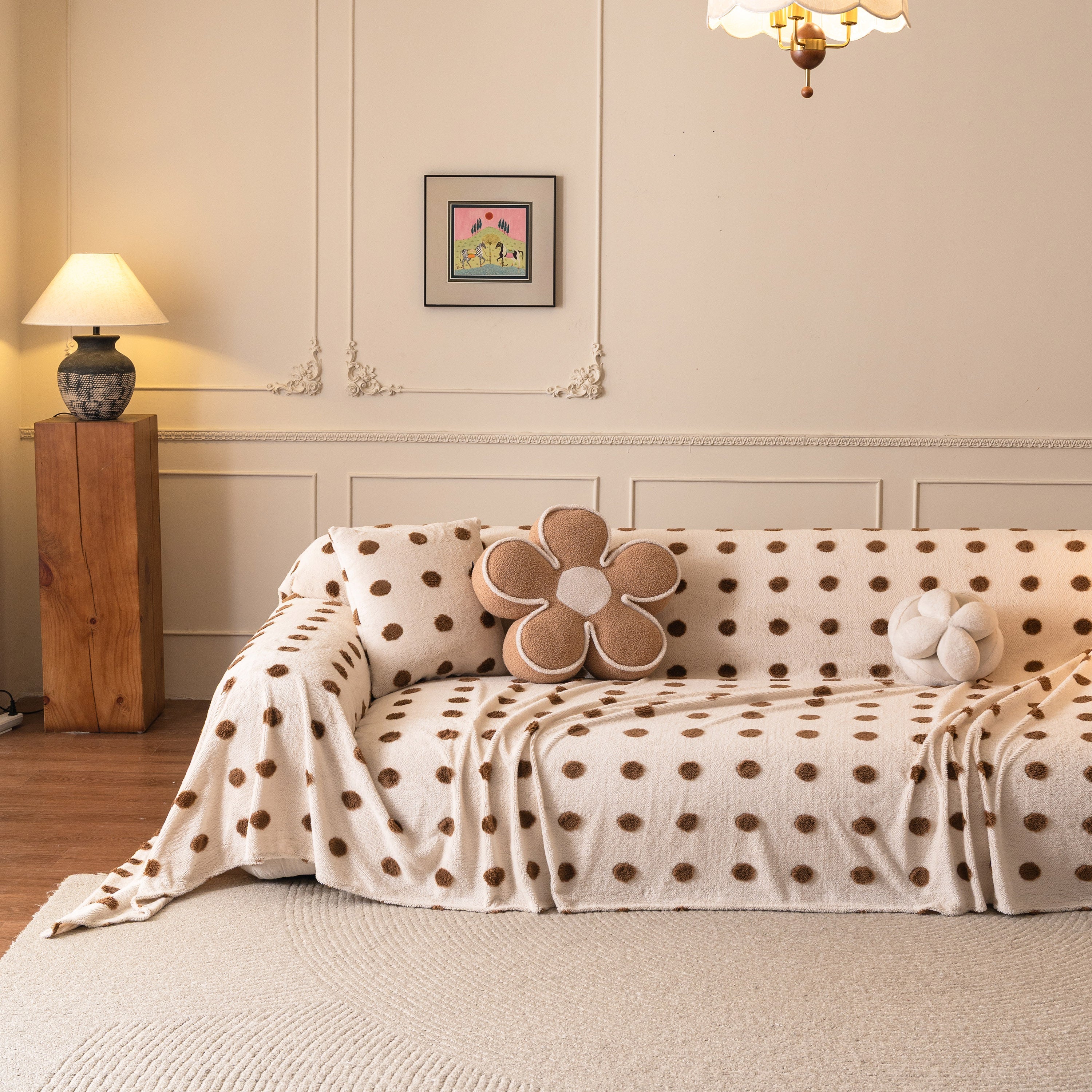 Plush Fleece Sofa Cover Throw, Soft Textured Polka Dot Couch Protector Blanket for Pets