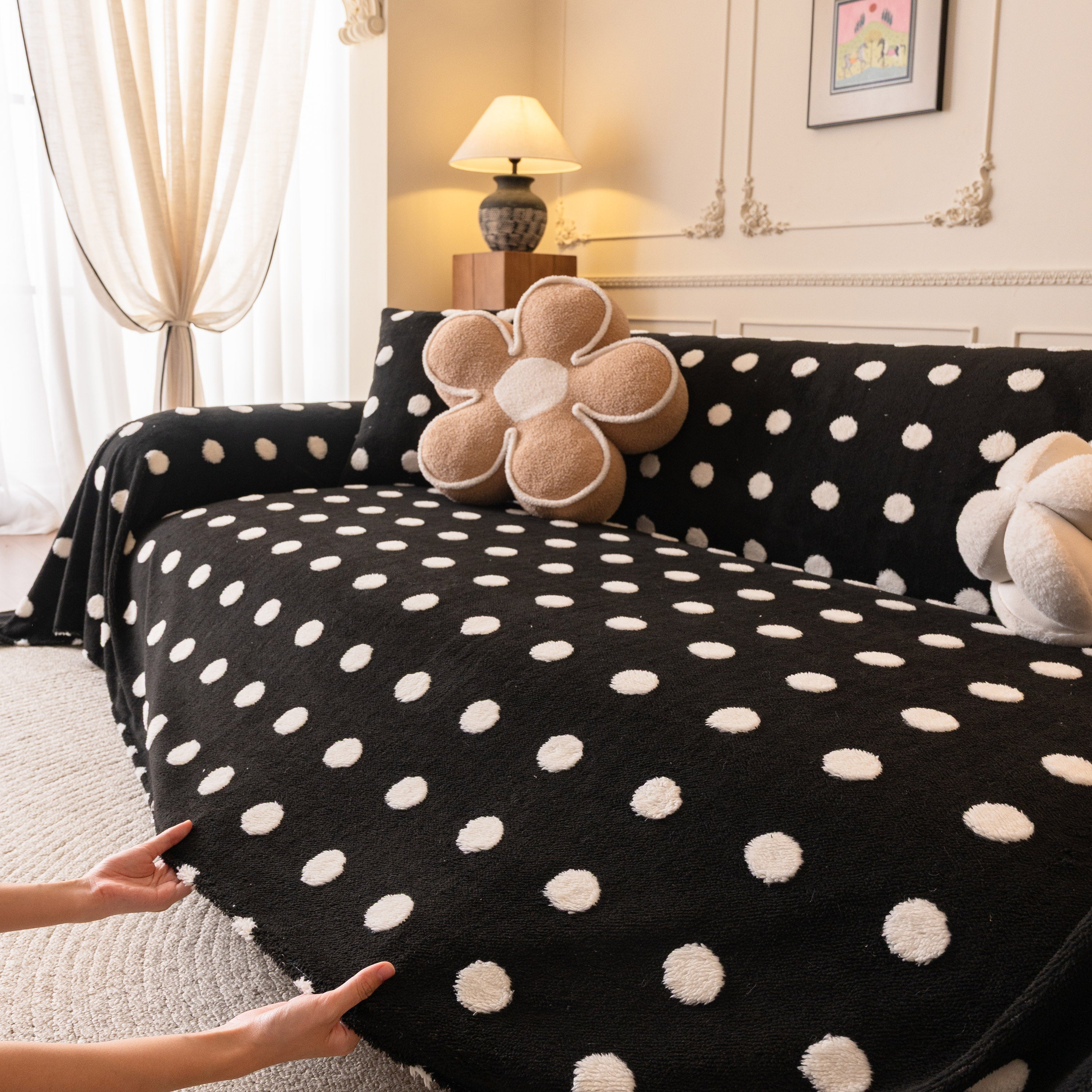 Plush Fleece Sofa Cover Throw, Soft Textured Polka Dot Couch Protector Blanket for Pets