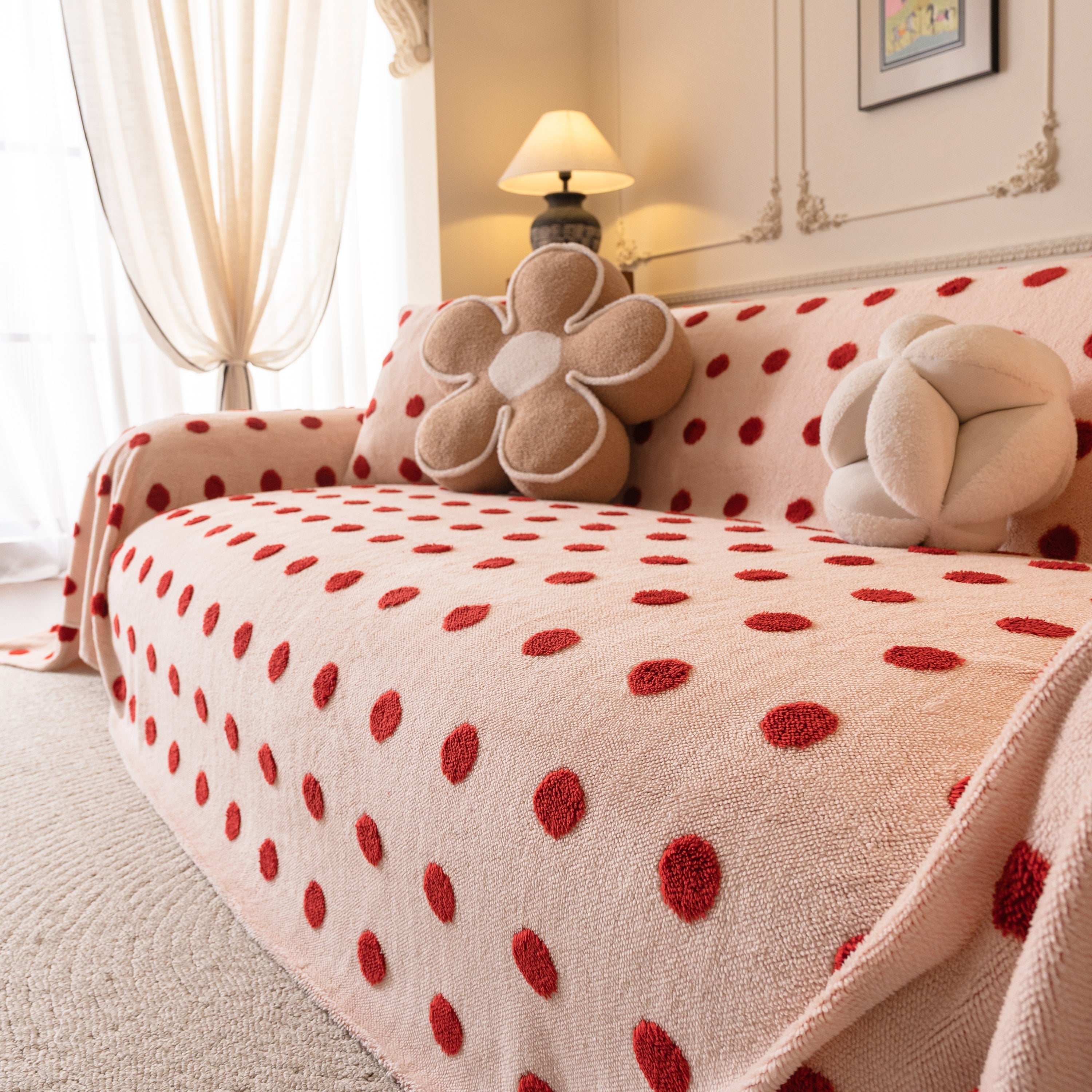 Plush Fleece Sofa Cover Throw, Soft Textured Polka Dot Couch Protector Blanket for Pets