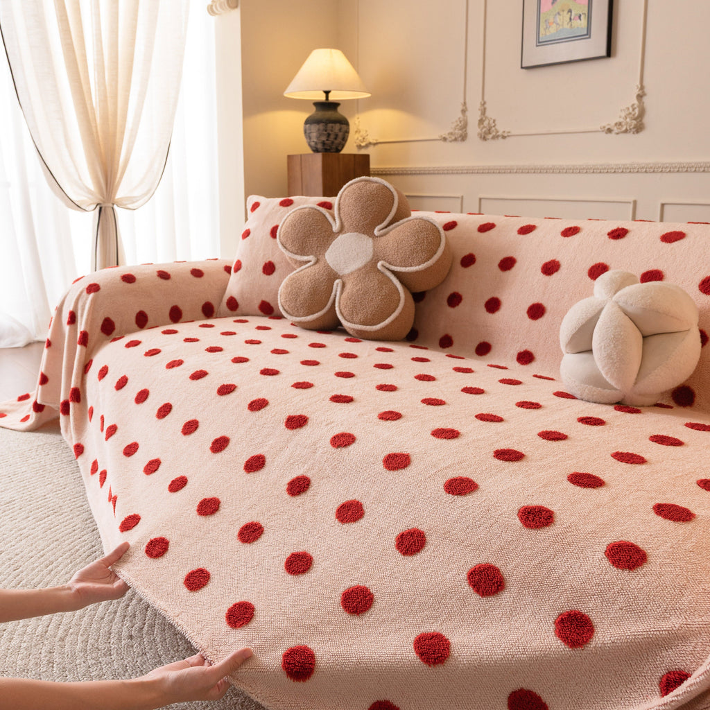 Plush Fleece Sofa Cover Throw, Soft Textured Polka Dot Couch Protector Blanket for Pets