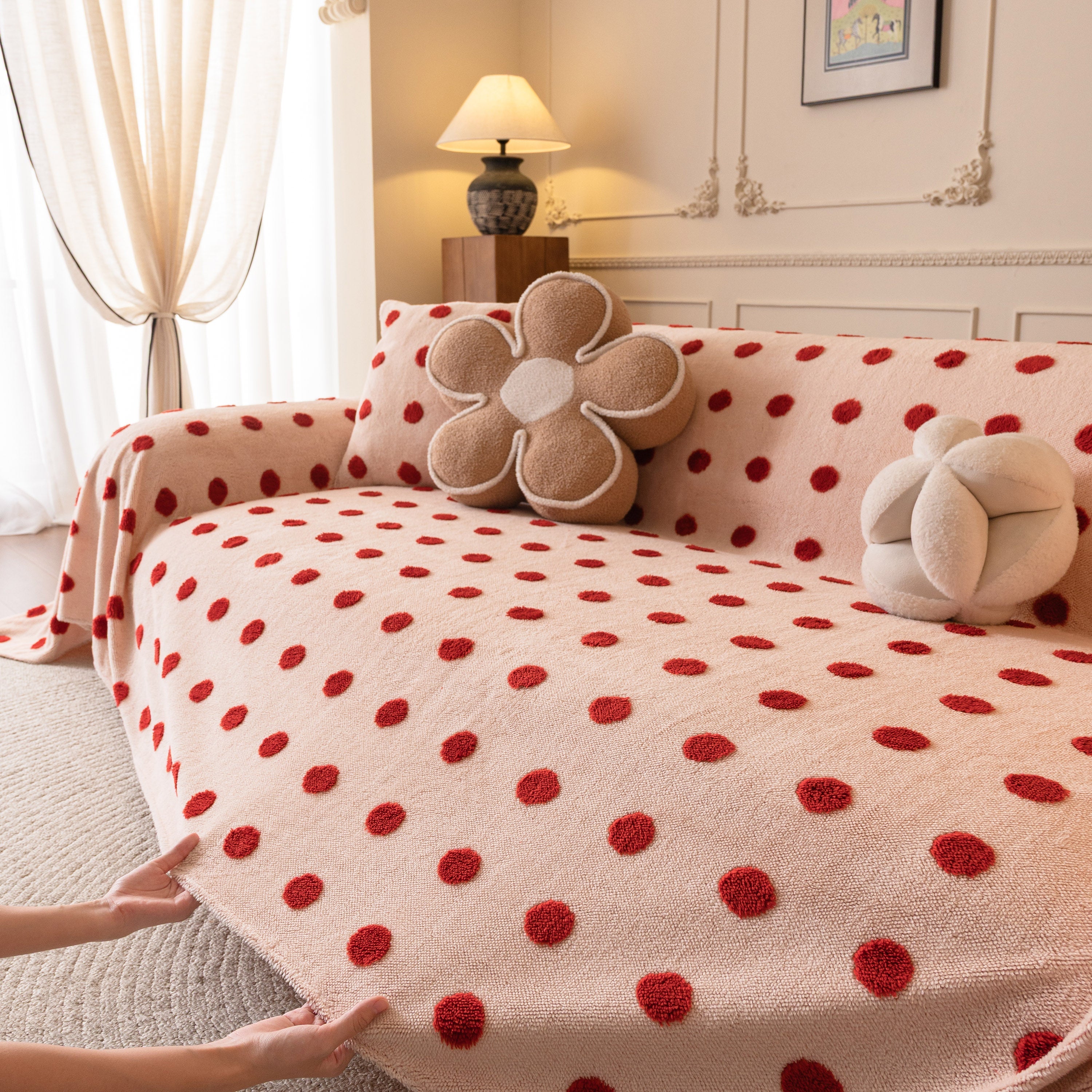 Plush Fleece Sofa Cover Throw, Soft Textured Polka Dot Couch Protector Blanket for Pets