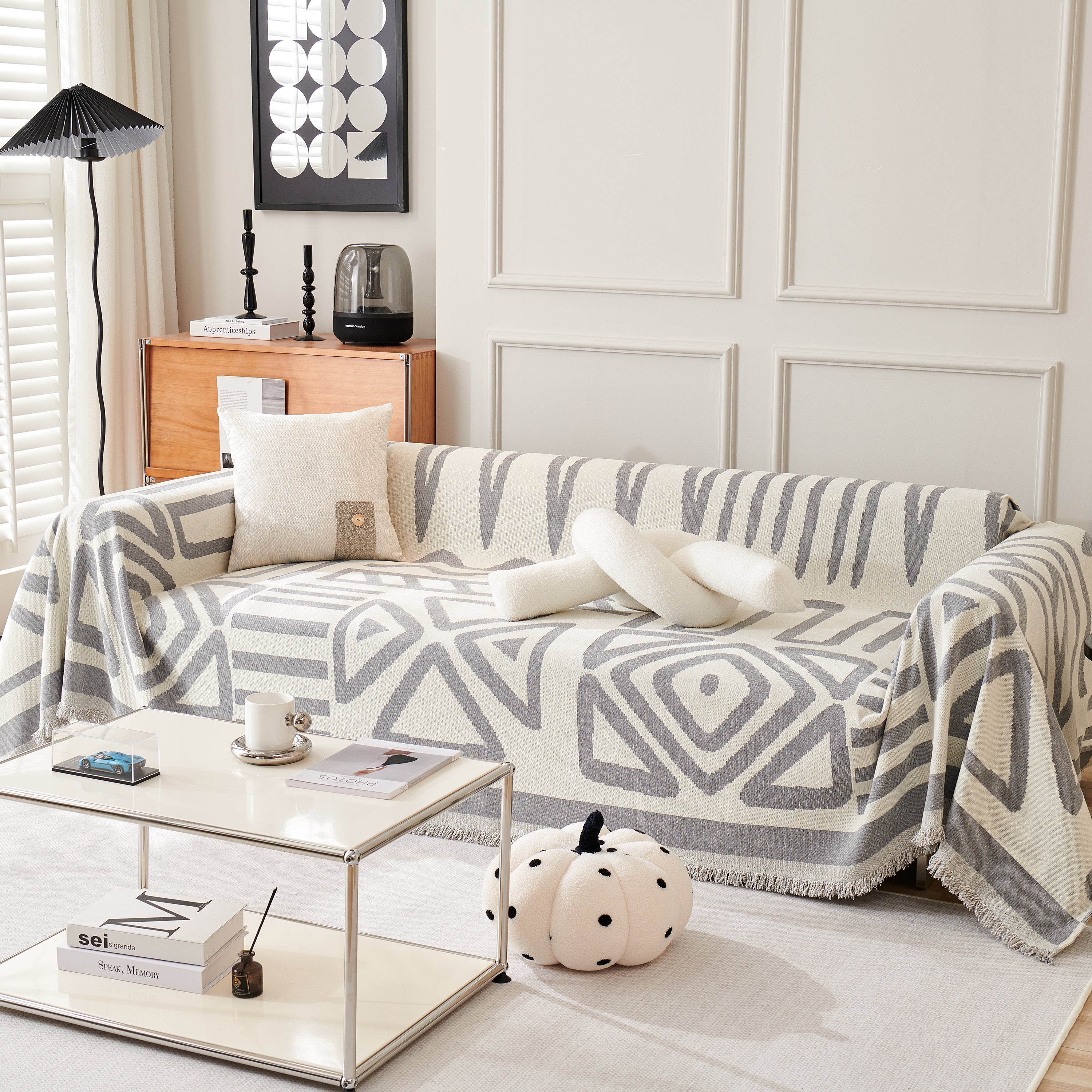 Chenille Geometric Sofa Throw Blanket, Boho Washable Furniture Throw Covers for Sofa