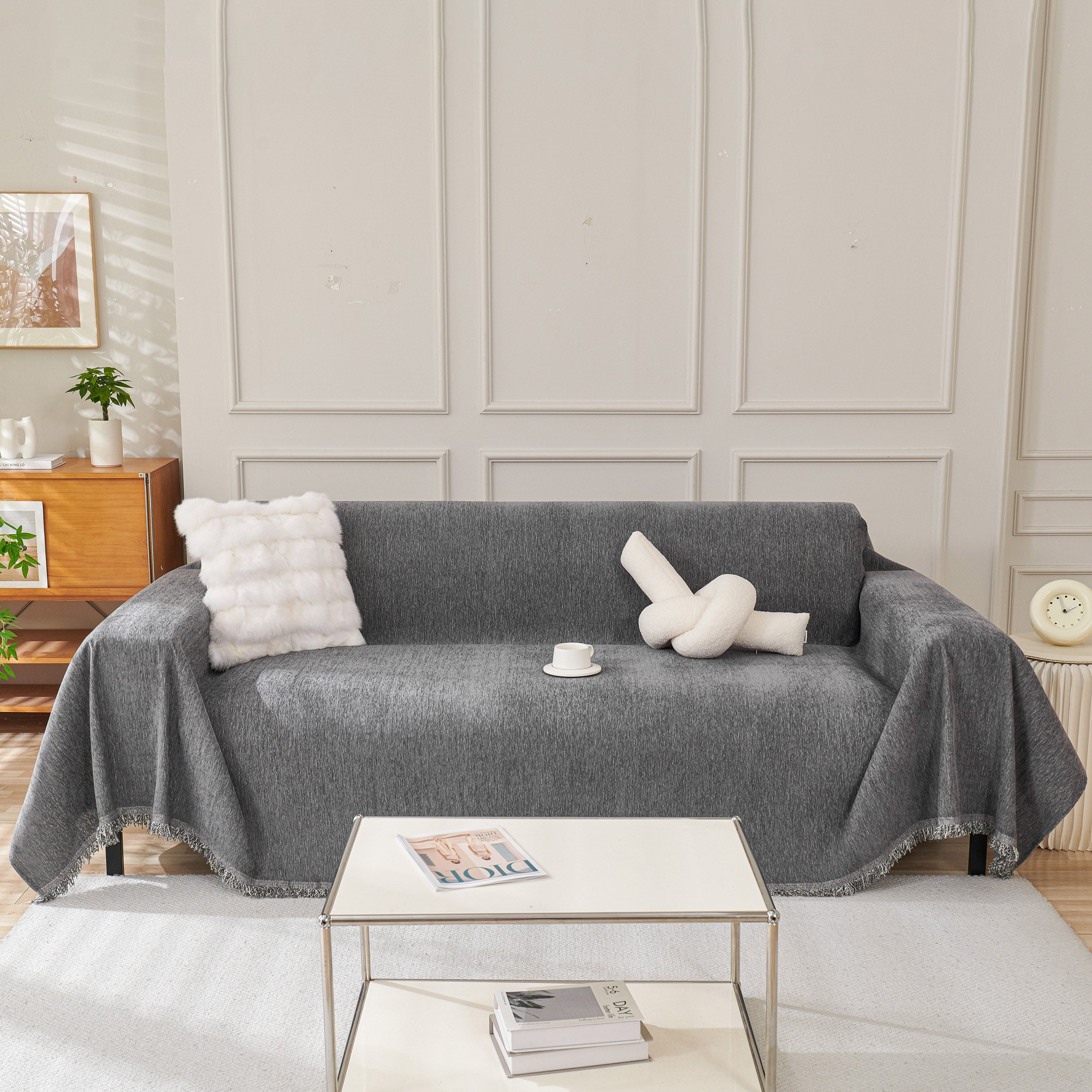 Solid Color Chenille Sofa Throw Blanket, Cozy & Easy Care Fringed Furniture Protector