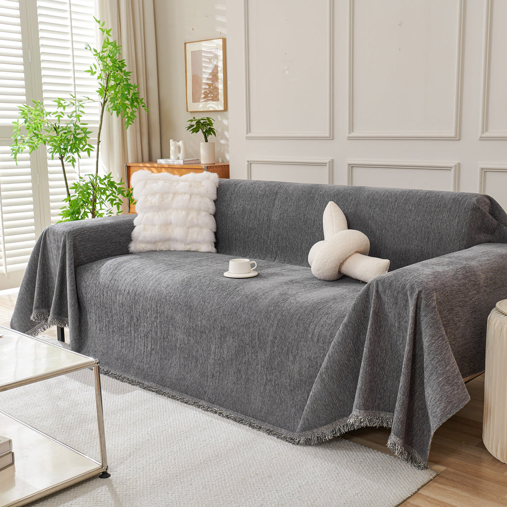 Solid Color Chenille Sofa Throw Blanket, Cozy & Easy Care Fringed Furniture Protector