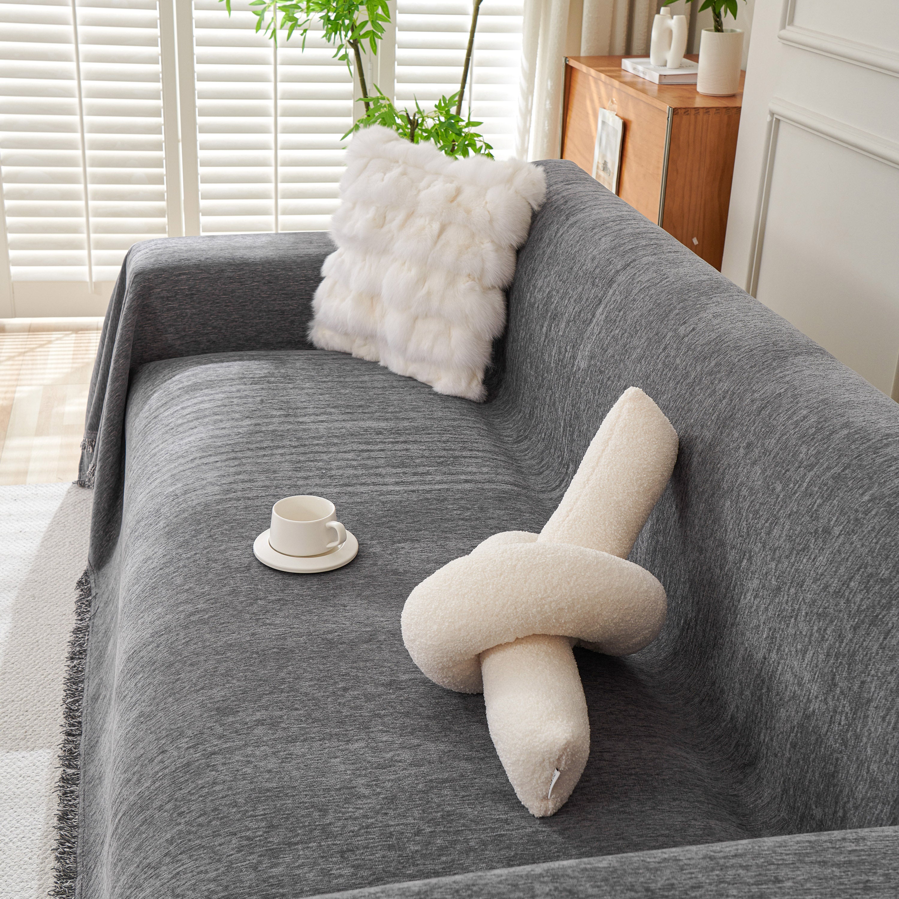 Solid Color Chenille Sofa Throw Blanket, Cozy & Easy Care Fringed Furniture Protector