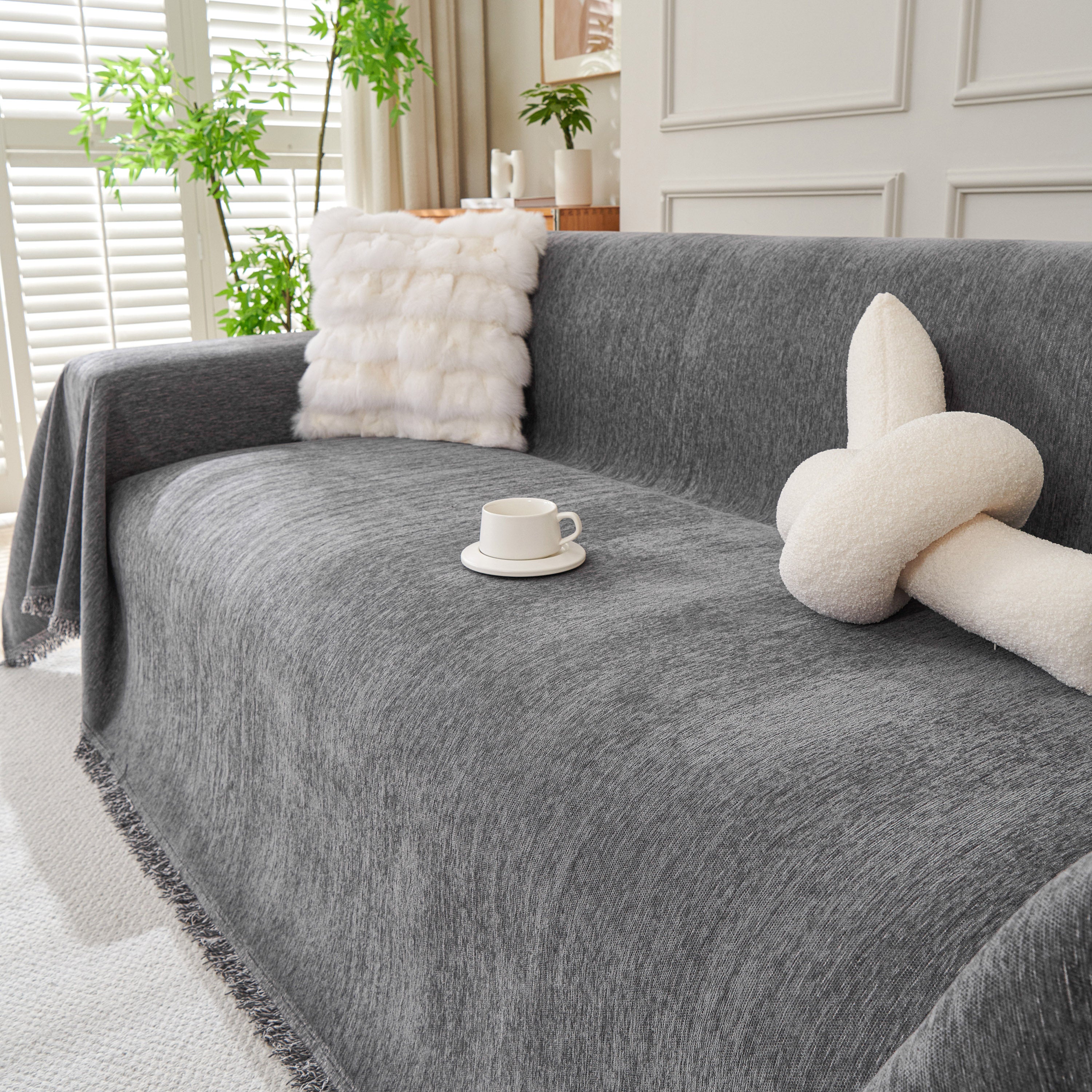 Solid Color Chenille Sofa Throw Blanket, Cozy & Easy Care Fringed Furniture Protector