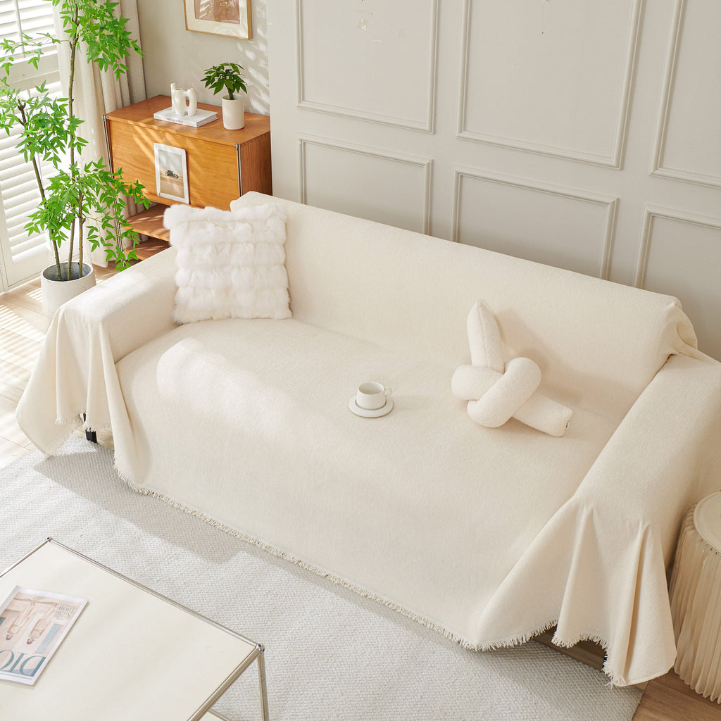 Solid Color Chenille Sofa Throw Blanket, Cozy & Easy Care Fringed Furniture Protector