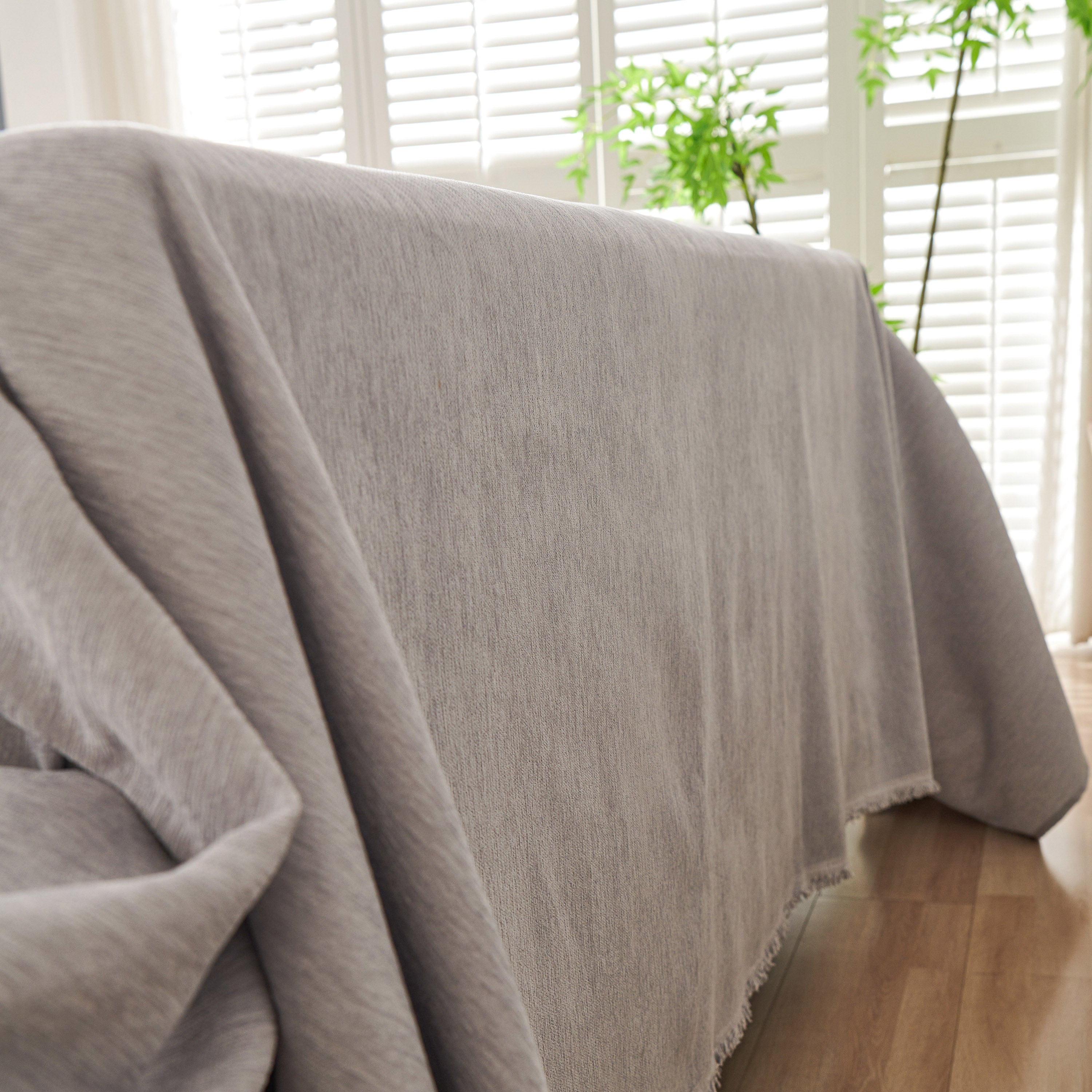 Solid Color Chenille Sofa Throw Blanket, Cozy & Easy Care Fringed Furniture Protector