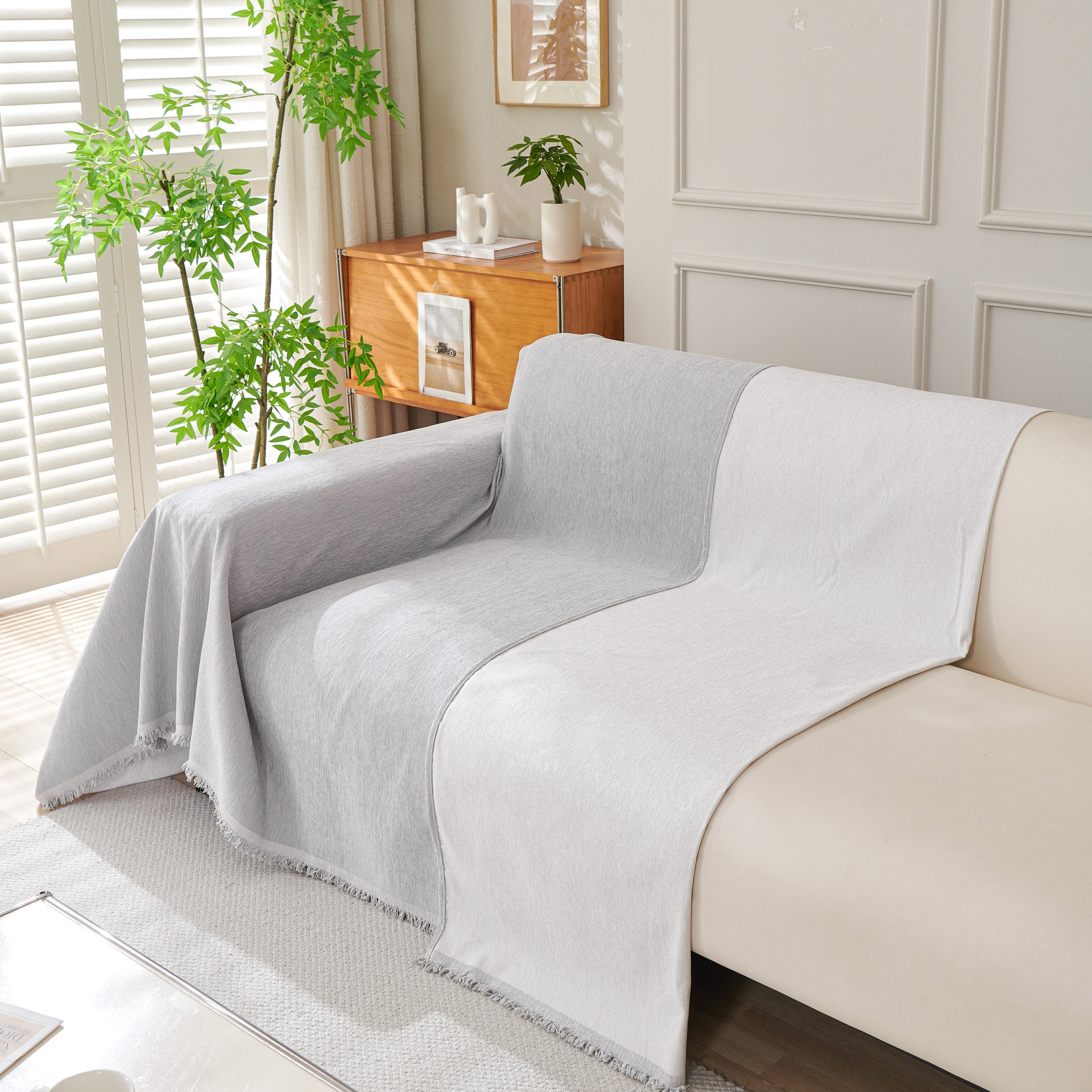 Solid Color Chenille Sofa Throw Blanket, Cozy & Easy Care Fringed Furniture Protector