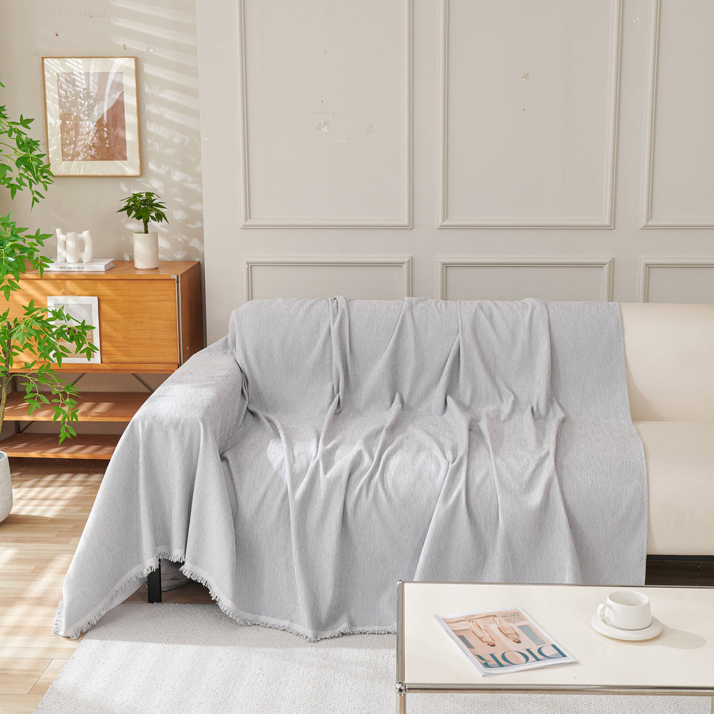 Solid Color Chenille Sofa Throw Blanket, Cozy & Easy Care Fringed Furniture Protector
