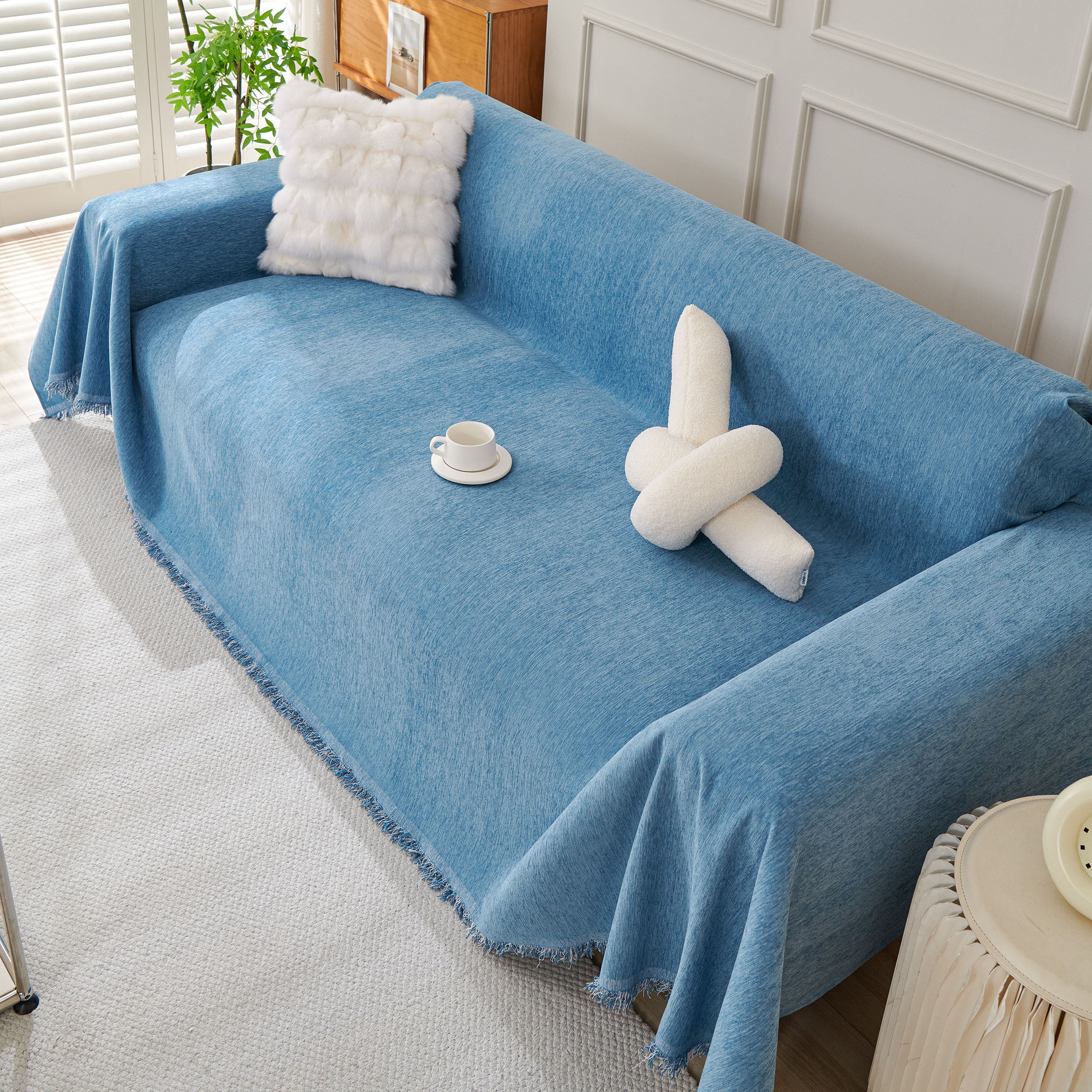 Solid Color Chenille Sofa Throw Blanket, Cozy & Easy Care Fringed Furniture Protector