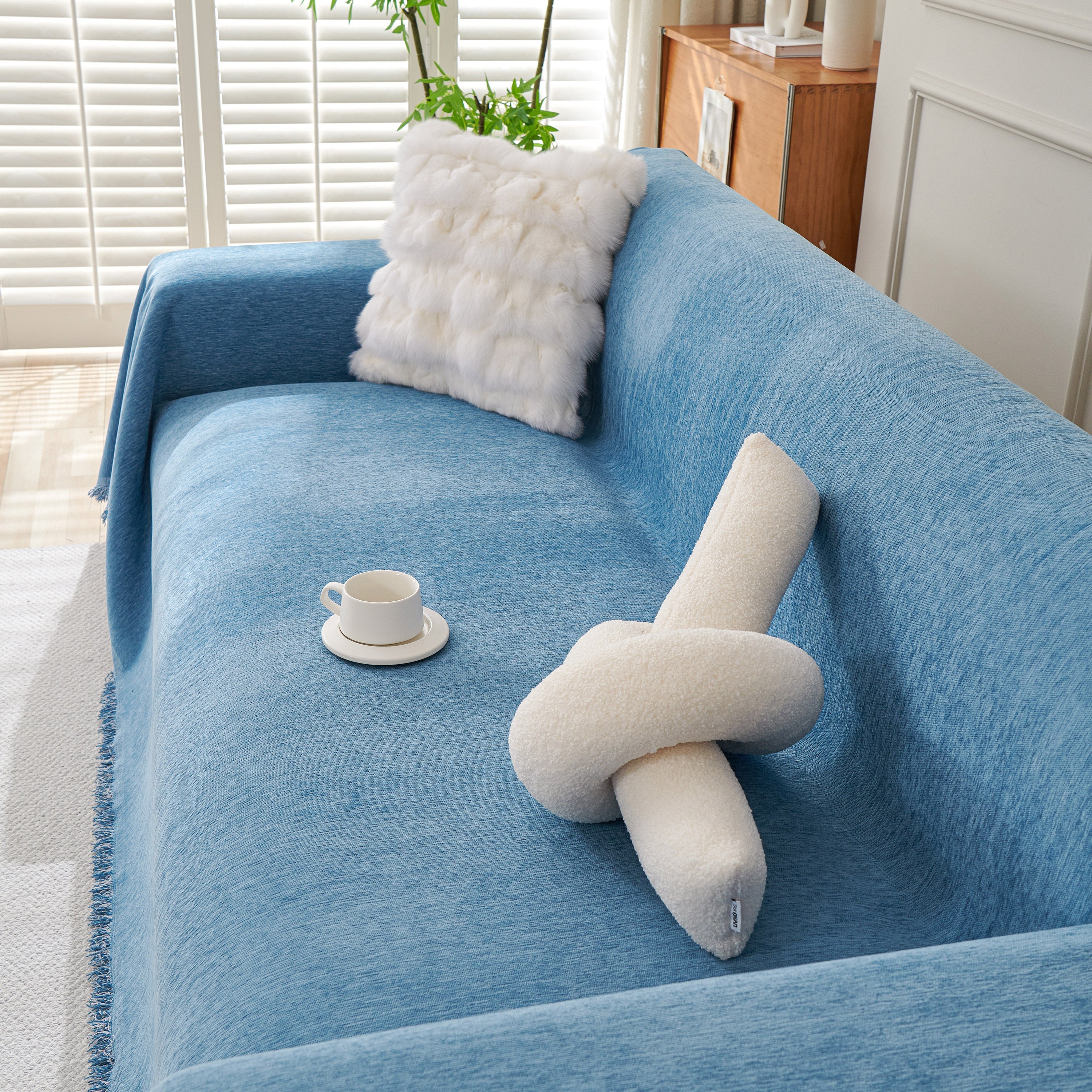 Solid Color Chenille Sofa Throw Blanket, Cozy & Easy Care Fringed Furniture Protector