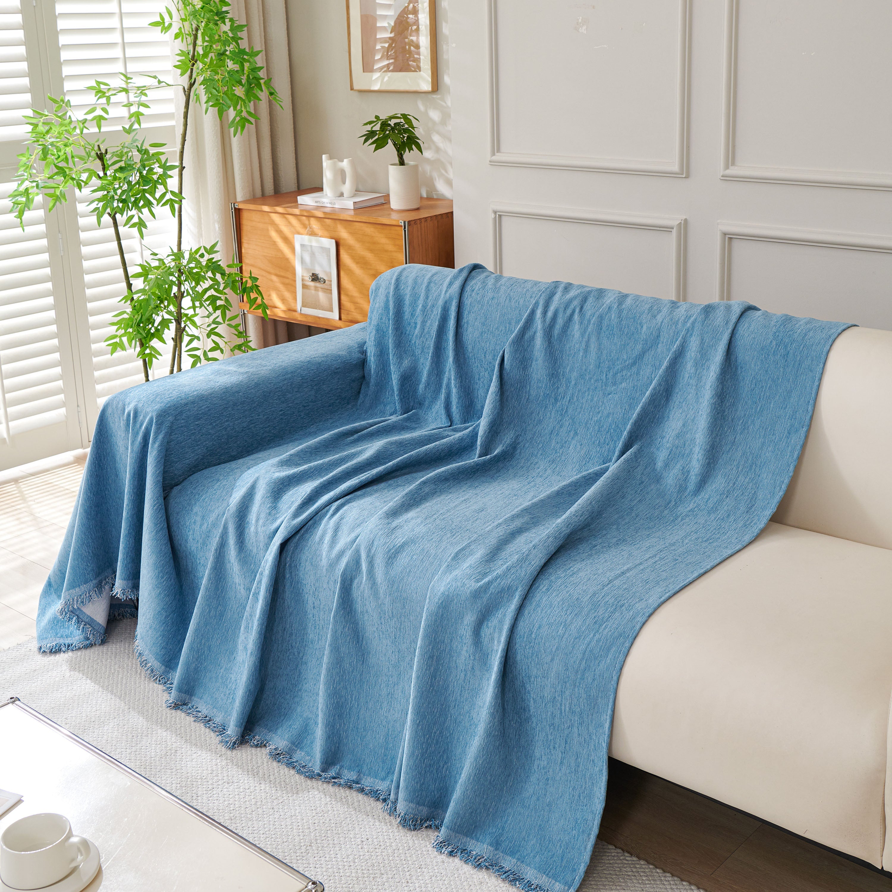 Solid Color Chenille Sofa Throw Blanket, Cozy & Easy Care Fringed Furniture Protector