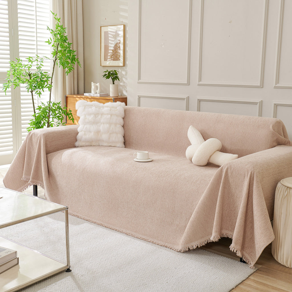 Solid Color Chenille Sofa Throw Blanket, Modern Decor Soft Couch Cover with Fringes