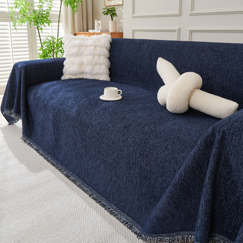 Solid Color Chenille Sofa Throw Blanket, Modern Decor Soft Couch Cover with Fringes
