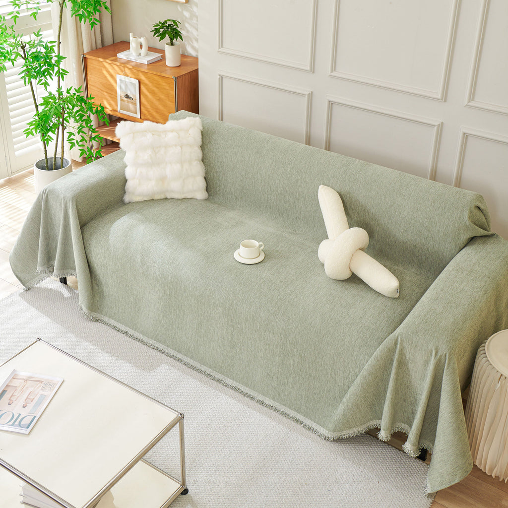 Solid Color Chenille Sofa Throw Blanket, Modern Decor Soft Couch Cover with Fringes