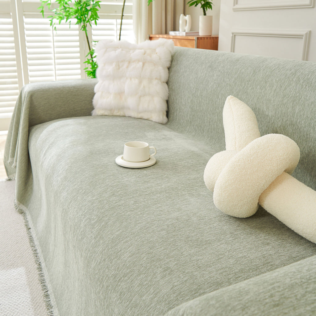 Solid Color Chenille Sofa Throw Blanket, Modern Decor Soft Couch Cover with Fringes