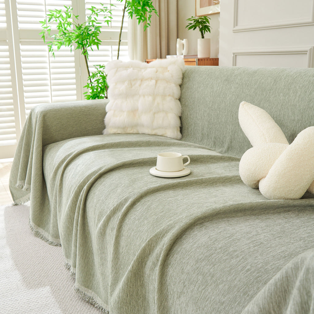 Solid Color Chenille Sofa Throw Blanket, Modern Decor Soft Couch Cover with Fringes