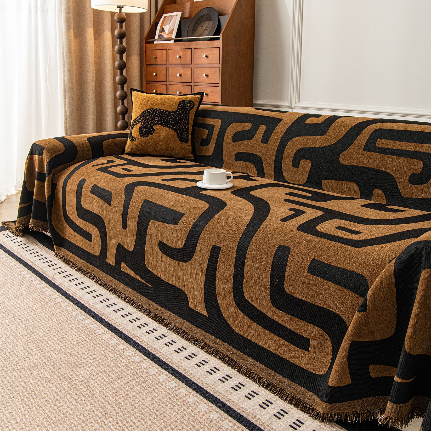 Modern Boho Chenille Sofa Cover Throw Blanket, Abstract Geometric Pattern Couch Cover