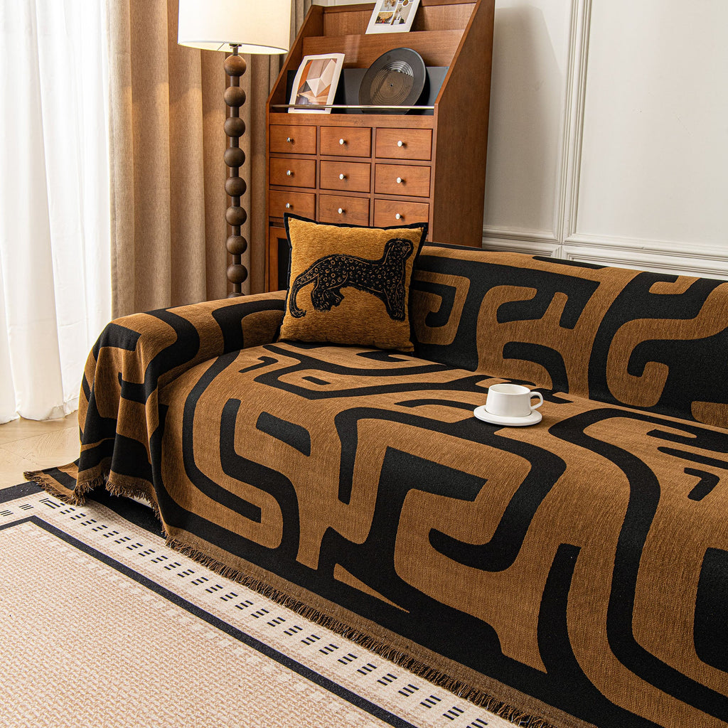 Modern Boho Chenille Sofa Cover Throw Blanket, Abstract Geometric Pattern Couch Cover