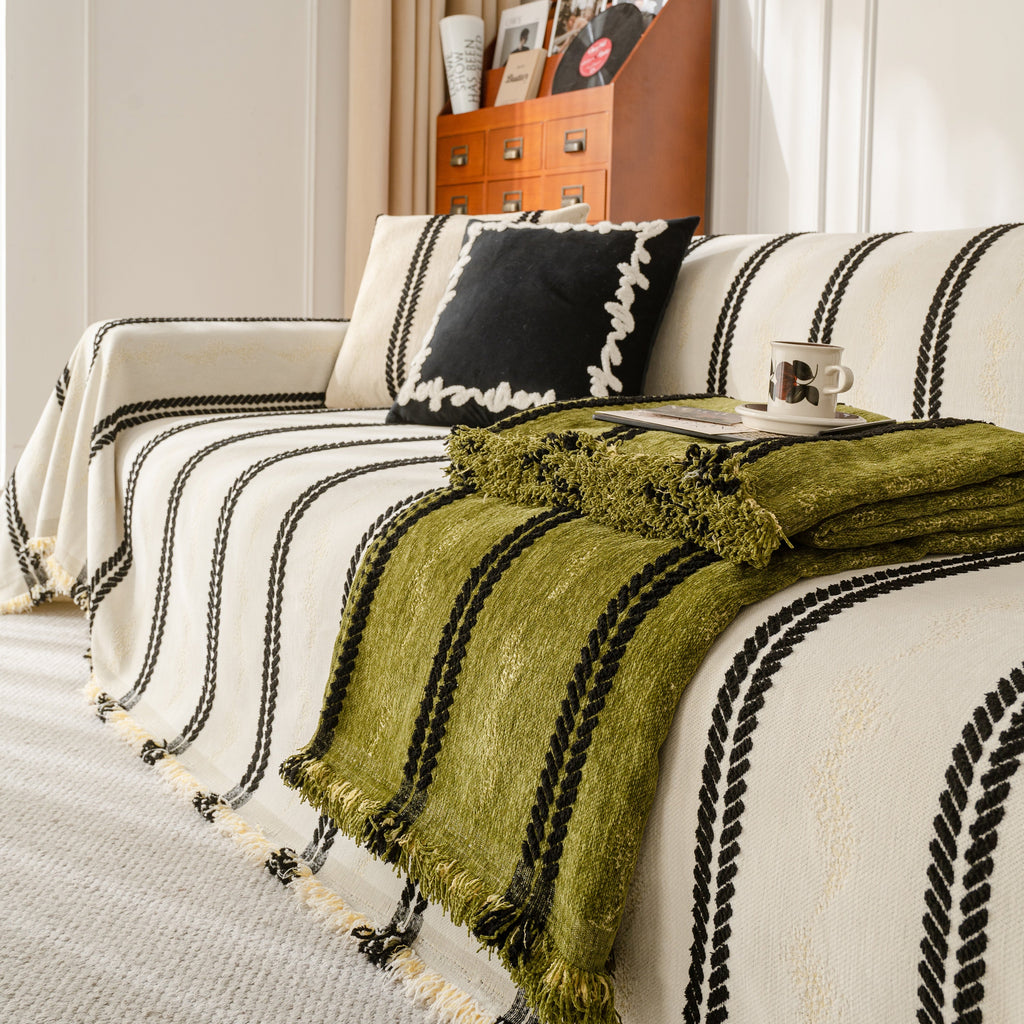 Boho Couch Throw Blanket with Textured Stripes, Sofa Cover for Living Room Decor