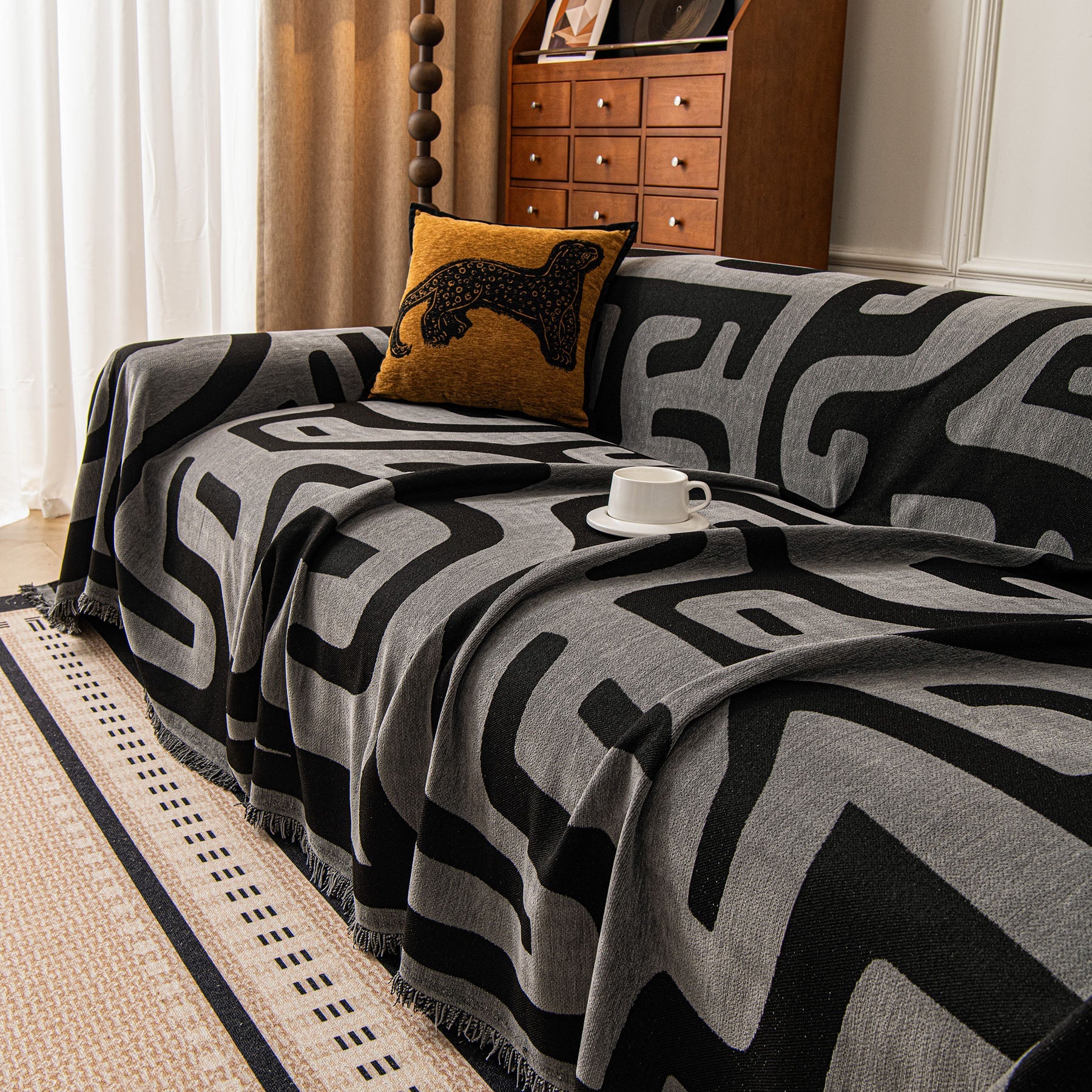 Modern Boho Chenille Sofa Cover Throw Blanket, Abstract Geometric Pattern Couch Cover