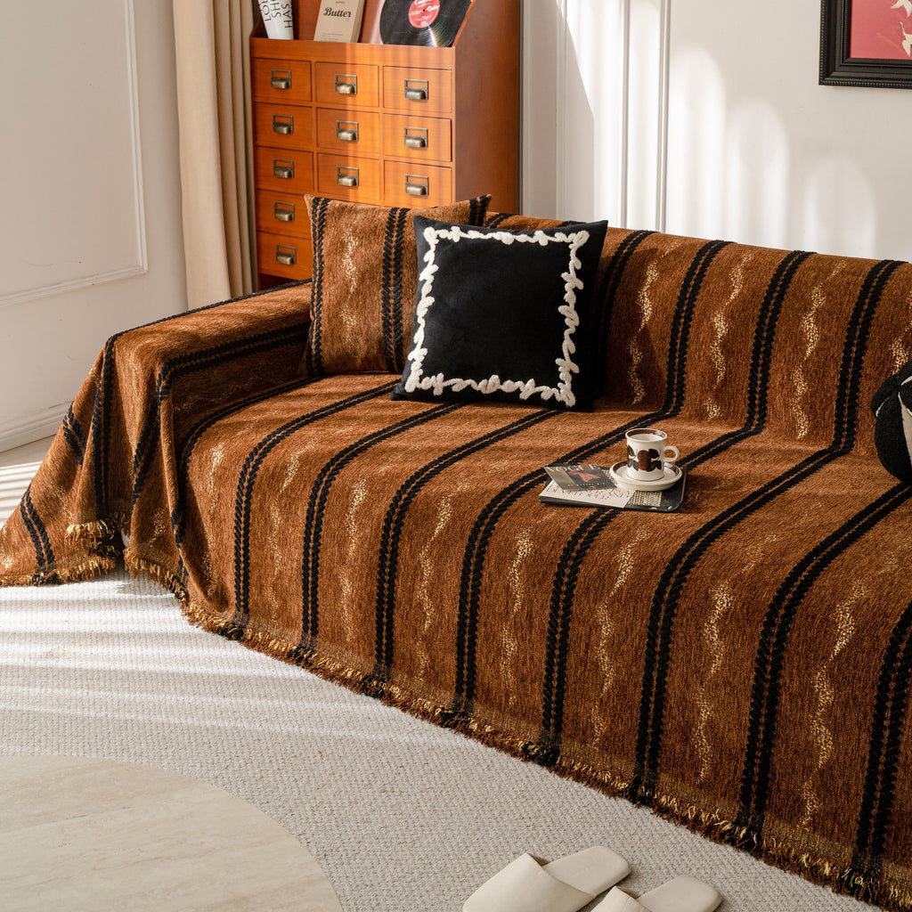 Boho Couch Throw Blanket with Textured Stripes, Sofa Cover for Living Room Decor