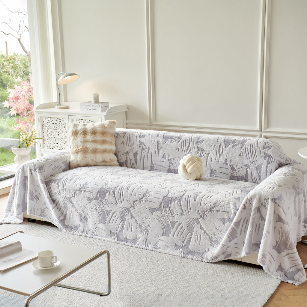 Plush Faux Fur Warm Sofa Cover with Waves Jacquard Textured Throw Blankets for Couch