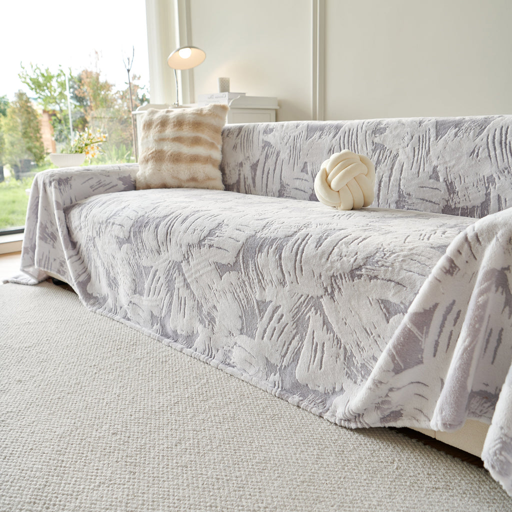 Plush Faux Fur Warm Sofa Cover with Waves Jacquard Textured Throw Blankets for Couch