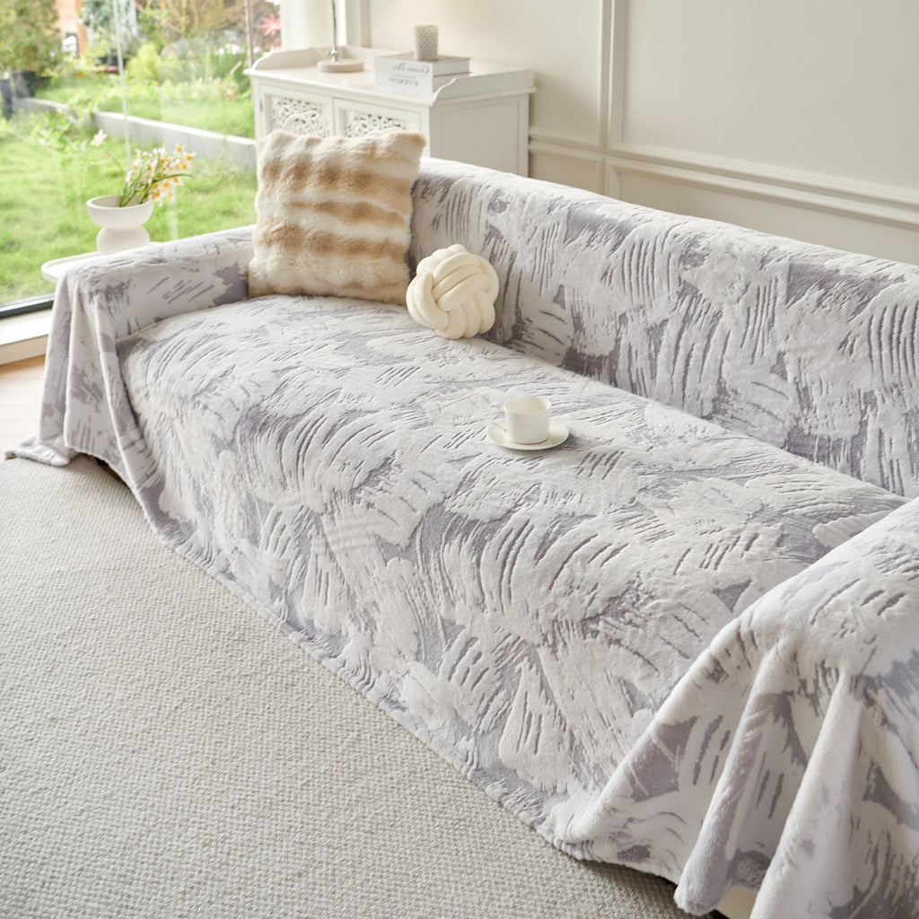 Plush Faux Fur Warm Sofa Cover with Waves Jacquard Textured Throw Blankets for Couch