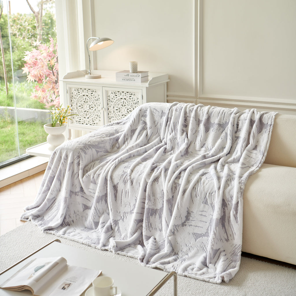 Plush Faux Fur Warm Sofa Cover with Waves Jacquard Textured Throw Blankets for Couch