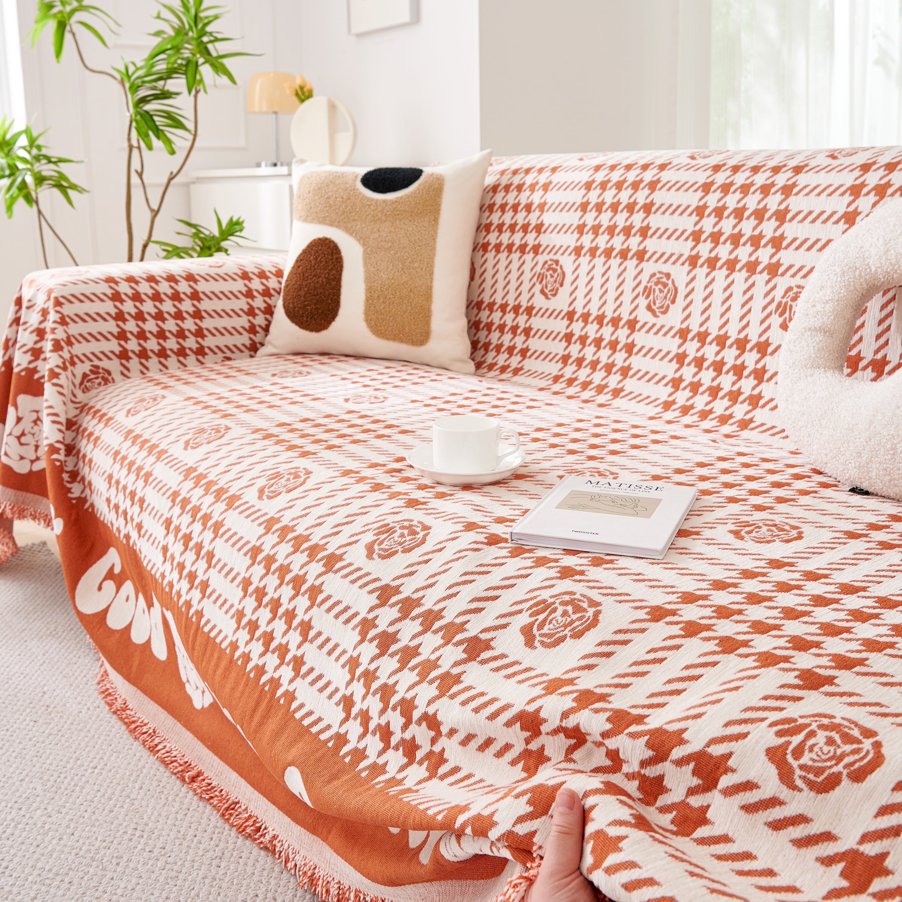 Chenille Houndstooth Sofa Throw Cover, Scratch Proof Cozy Throw Blankets for Couch