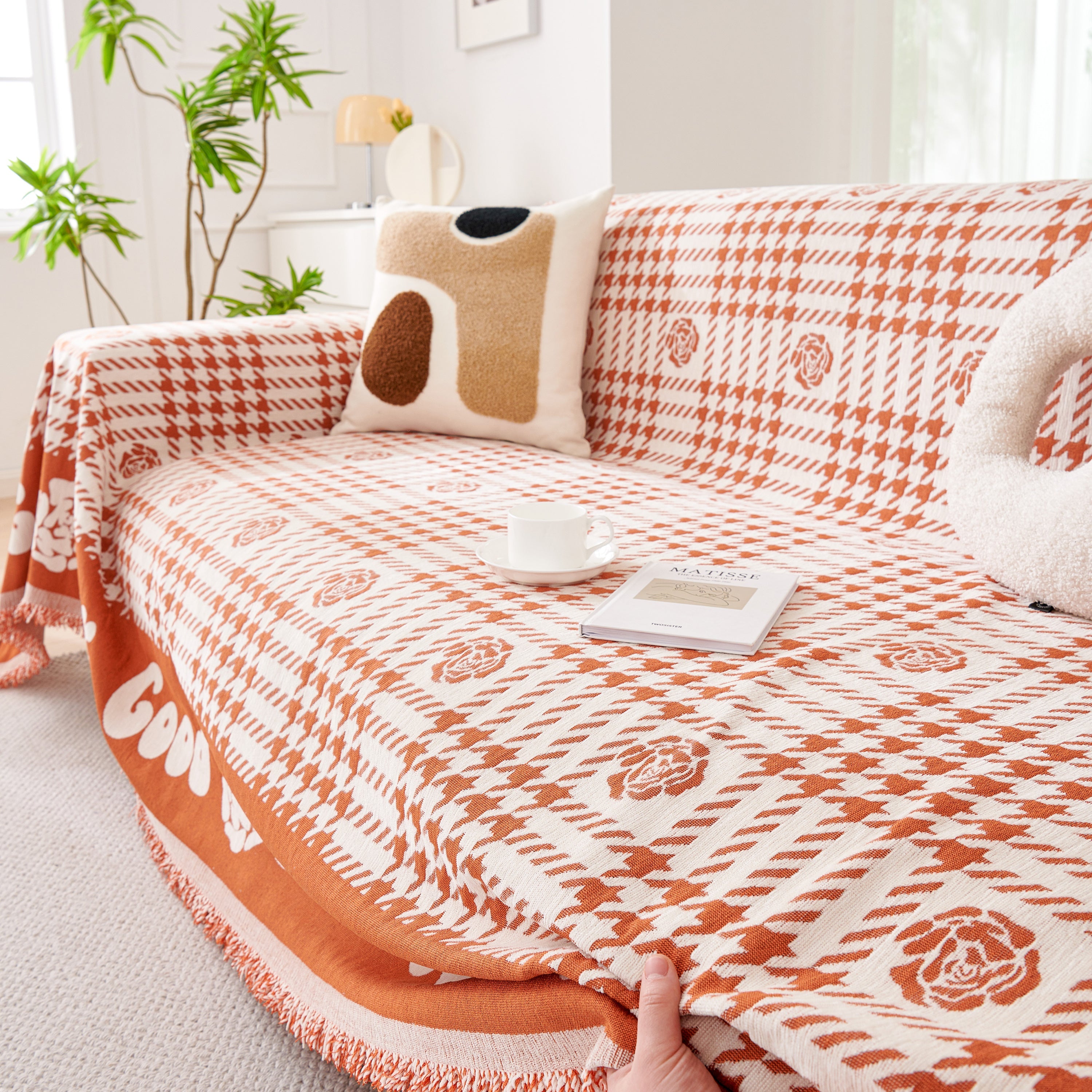 Chenille Houndstooth Sofa Throw Cover, Scratch Proof Cozy Throw Blankets for Couch