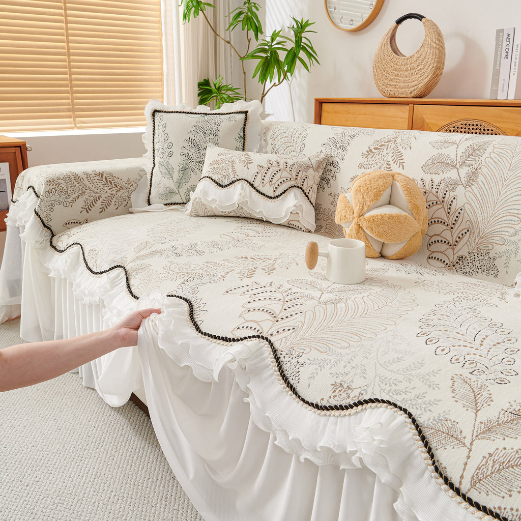 Farmhouse Ruffled Lace Sofa Slipcover Vintage Furniture Protector with Botanical Print
