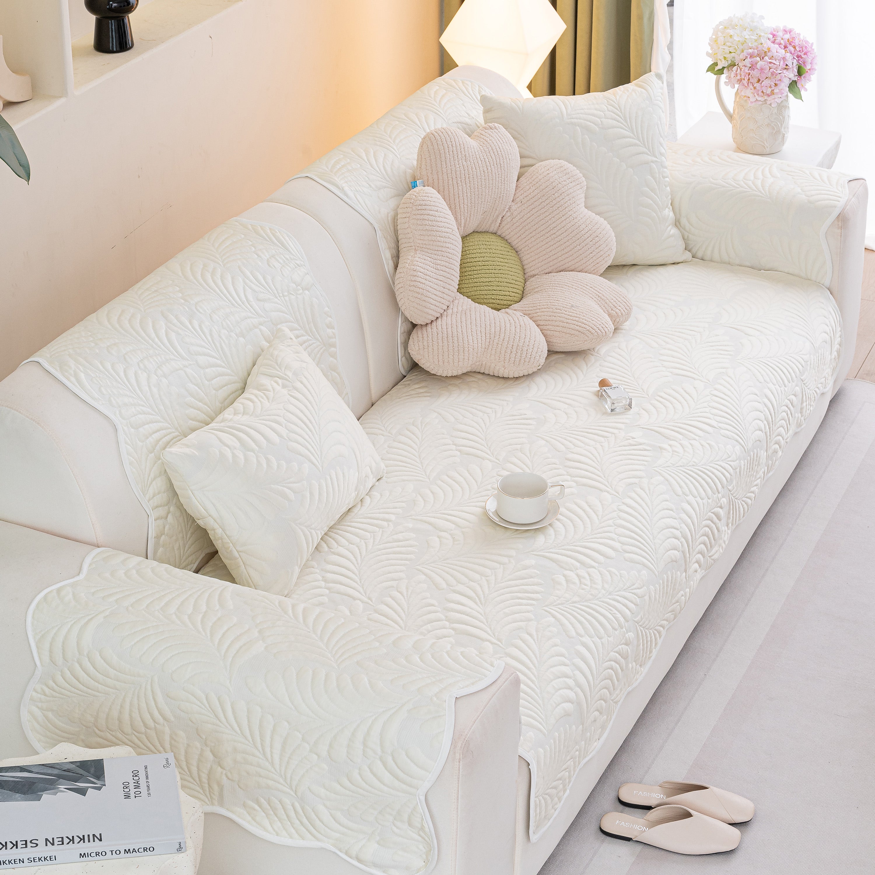 Sofa Cover for Leather & Fabric Couches, 3D Leaf Embossed Quilted Furniture Covers