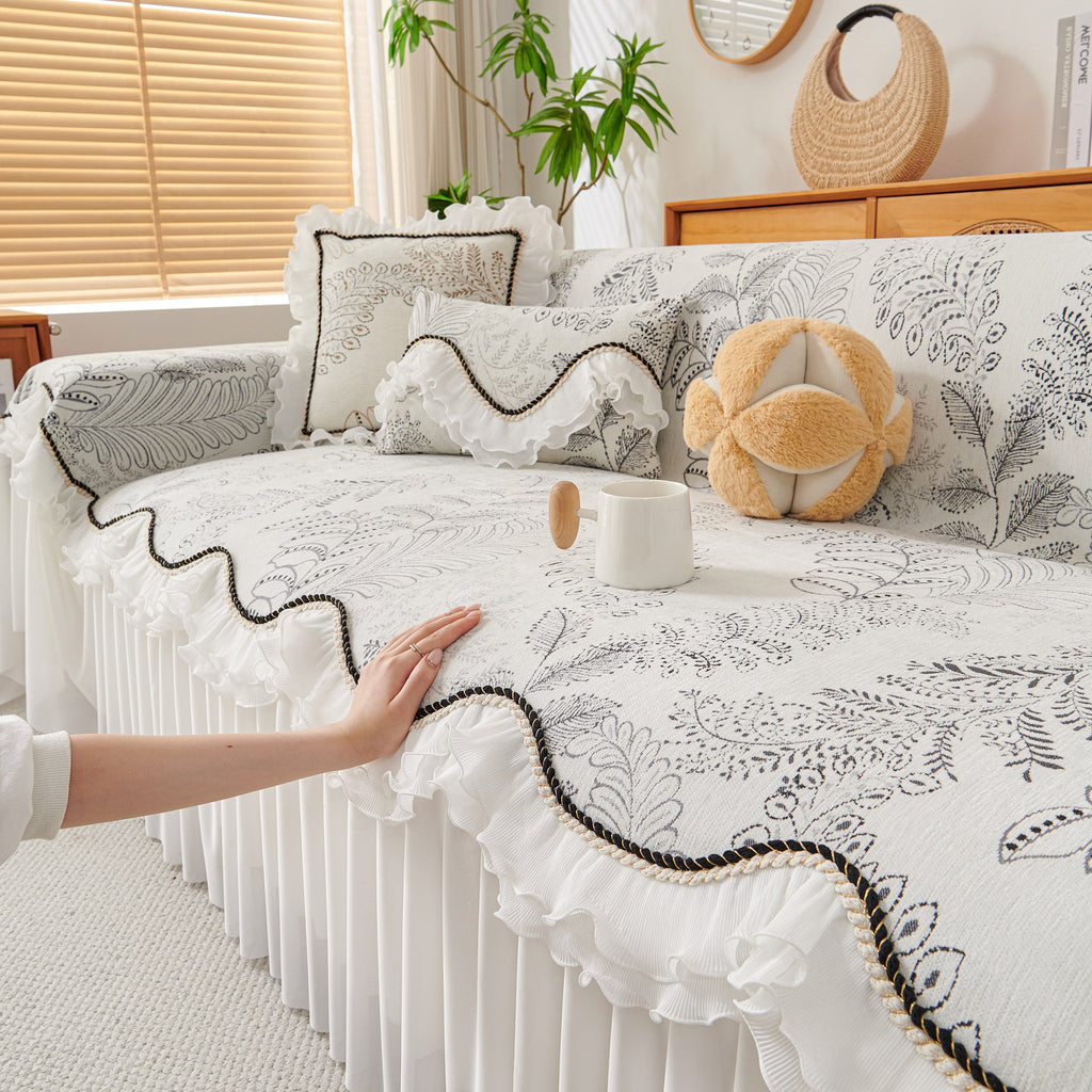 Farmhouse Ruffled Lace Sofa Slipcover Vintage Furniture Protector with Botanical Print
