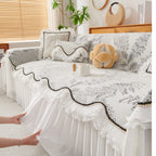 Farmhouse Ruffled Lace Sofa Slipcover Vintage Furniture Protector with Botanical Print