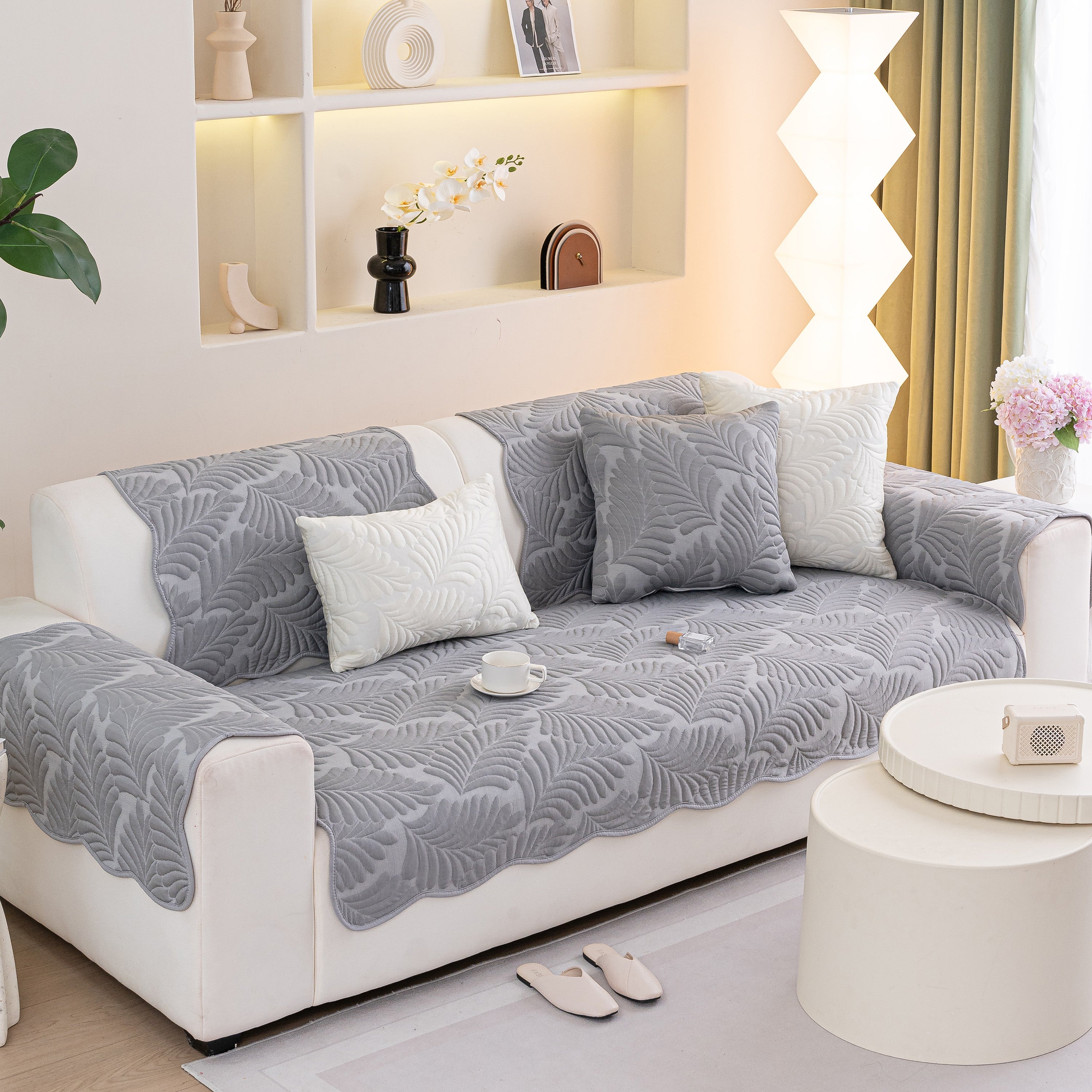 Sofa Cover for Leather & Fabric Couches, 3D Leaf Embossed Quilted Furniture Covers