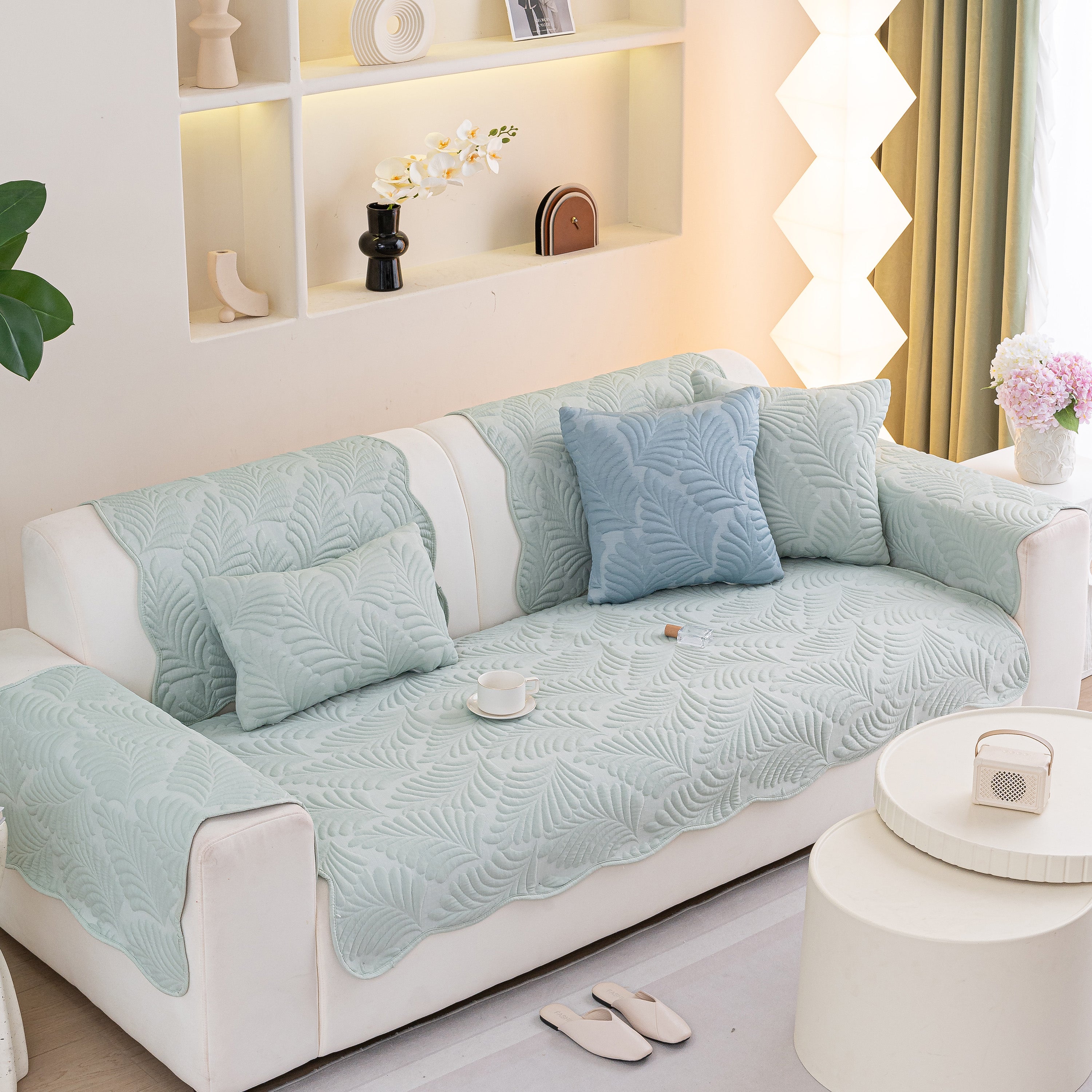 Sofa Cover for Leather & Fabric Couches, 3D Leaf Embossed Quilted Furniture Covers