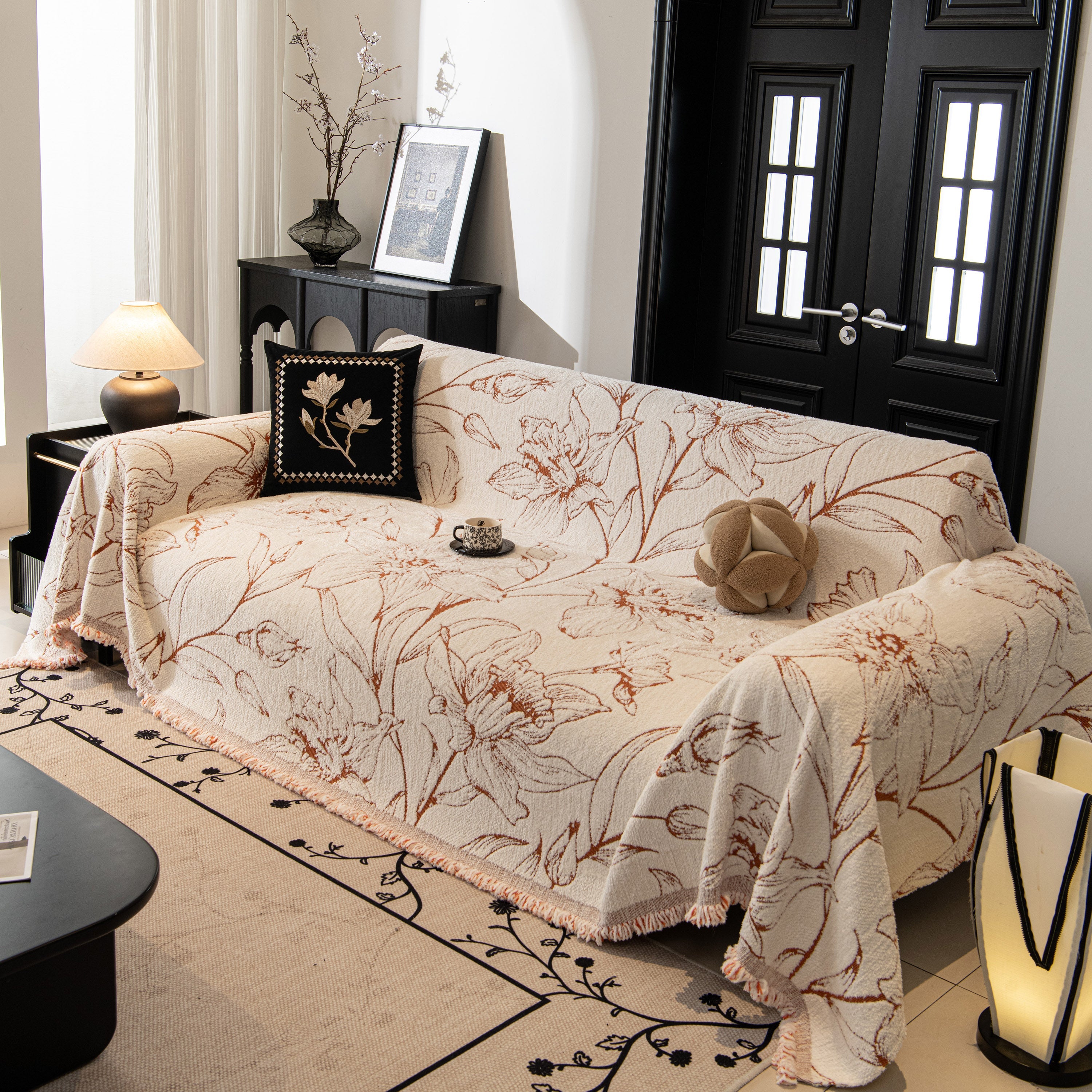 Large Floral Sofa Cover Throw Blanket, Plush Jacquard Non-Shedding Couch Cover for Pets