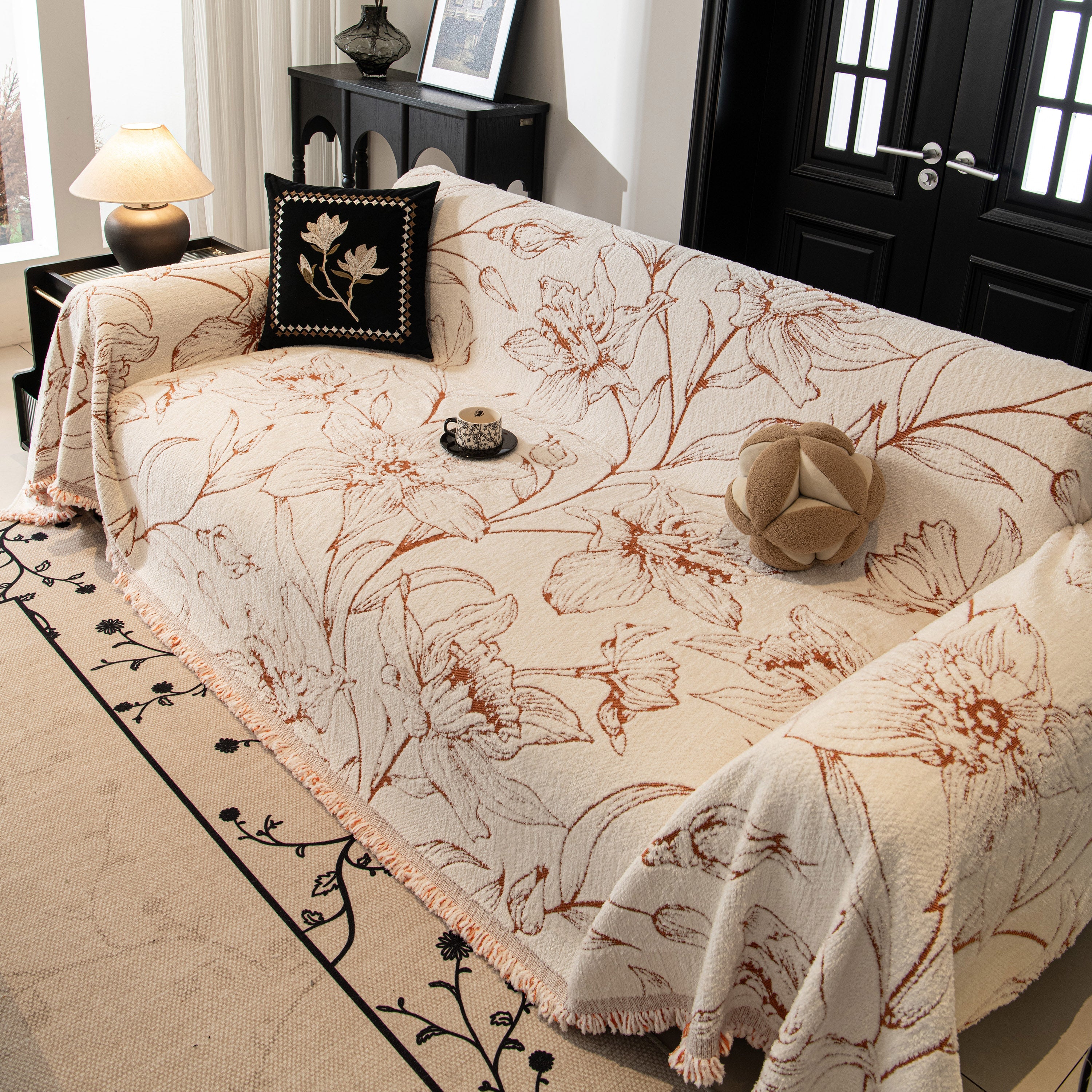 Large Floral Sofa Cover Throw Blanket, Plush Jacquard Non-Shedding Couch Cover for Pets