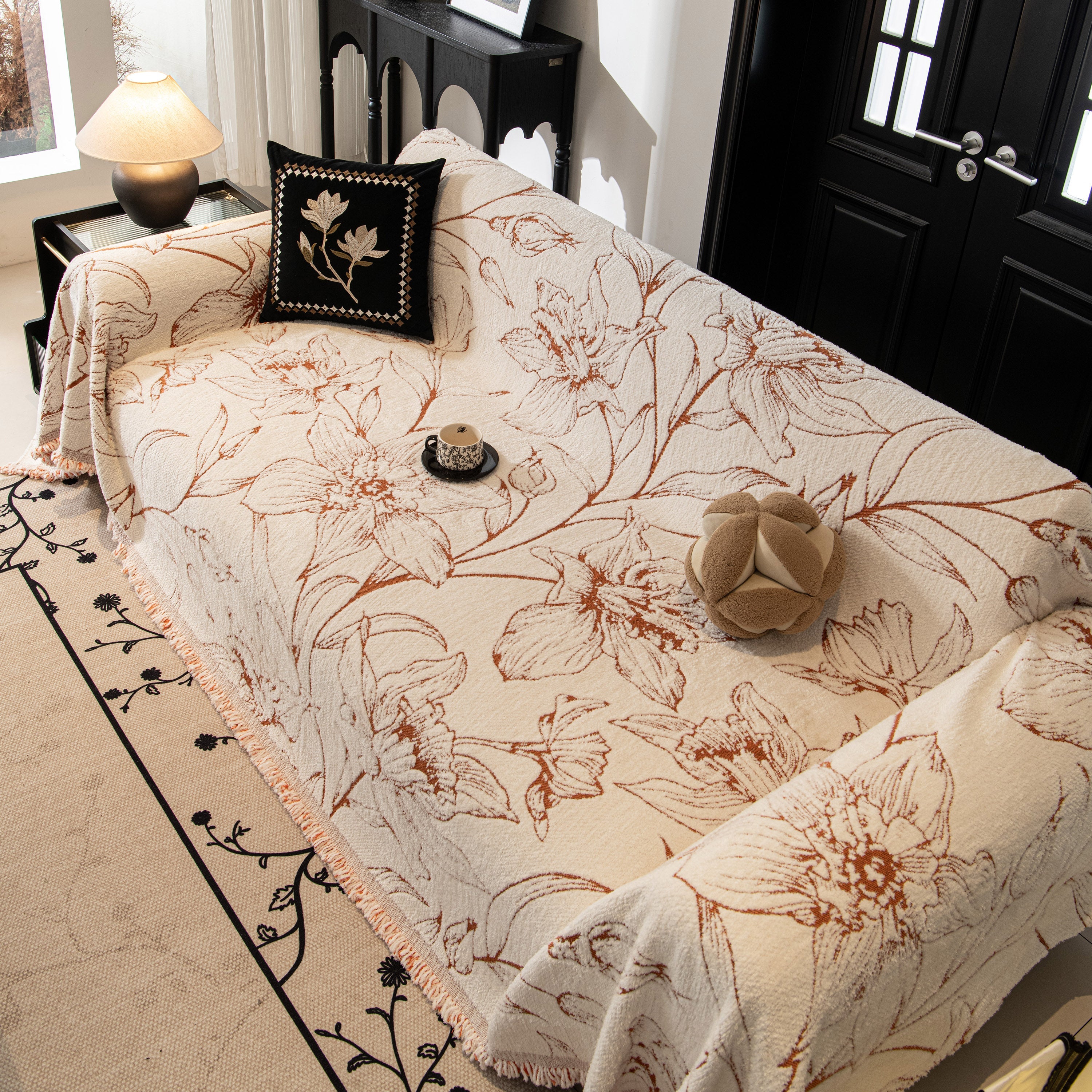 Large Floral Sofa Cover Throw Blanket, Plush Jacquard Non-Shedding Couch Cover for Pets