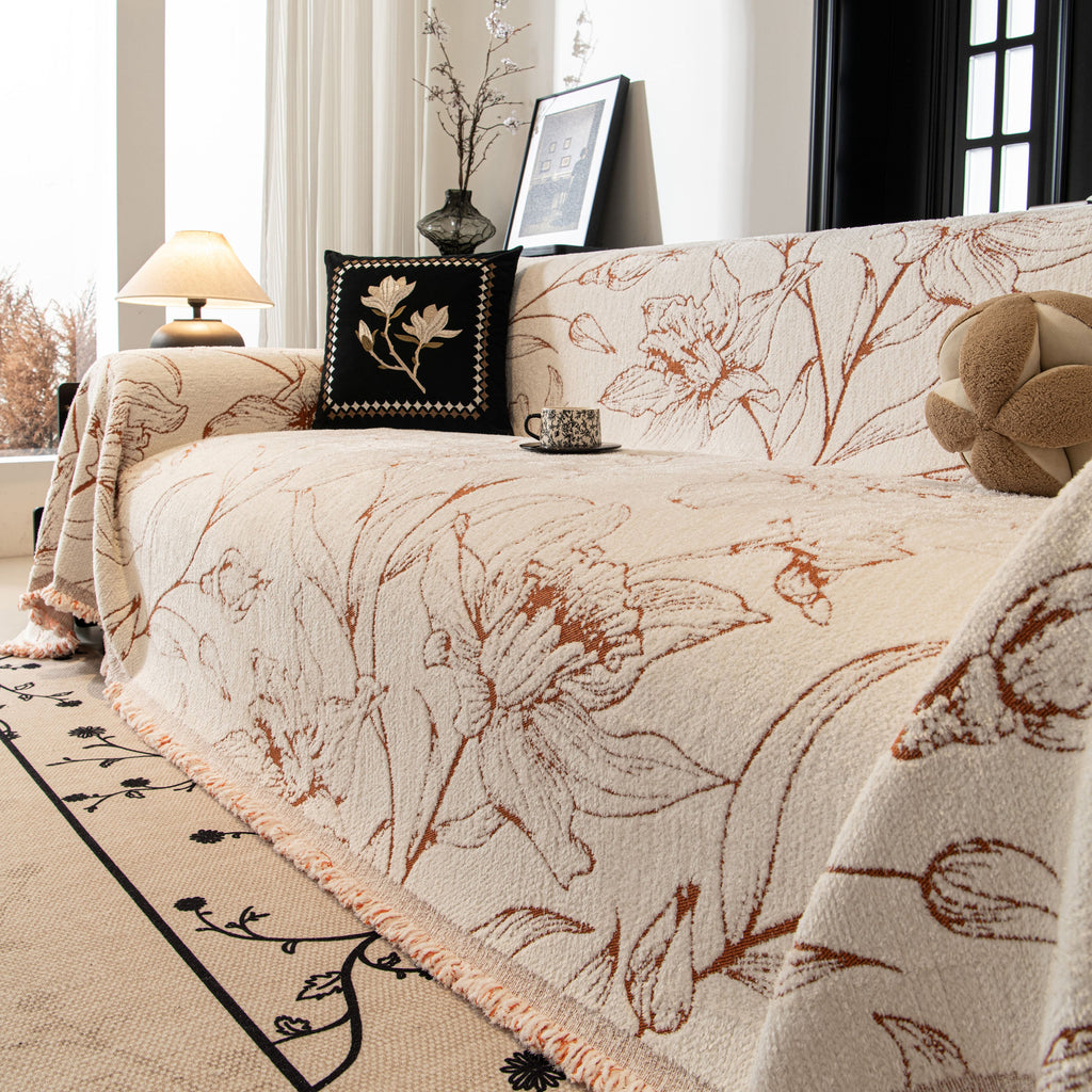 Large Floral Sofa Cover Throw Blanket, Plush Jacquard Non-Shedding Couch Cover for Pets
