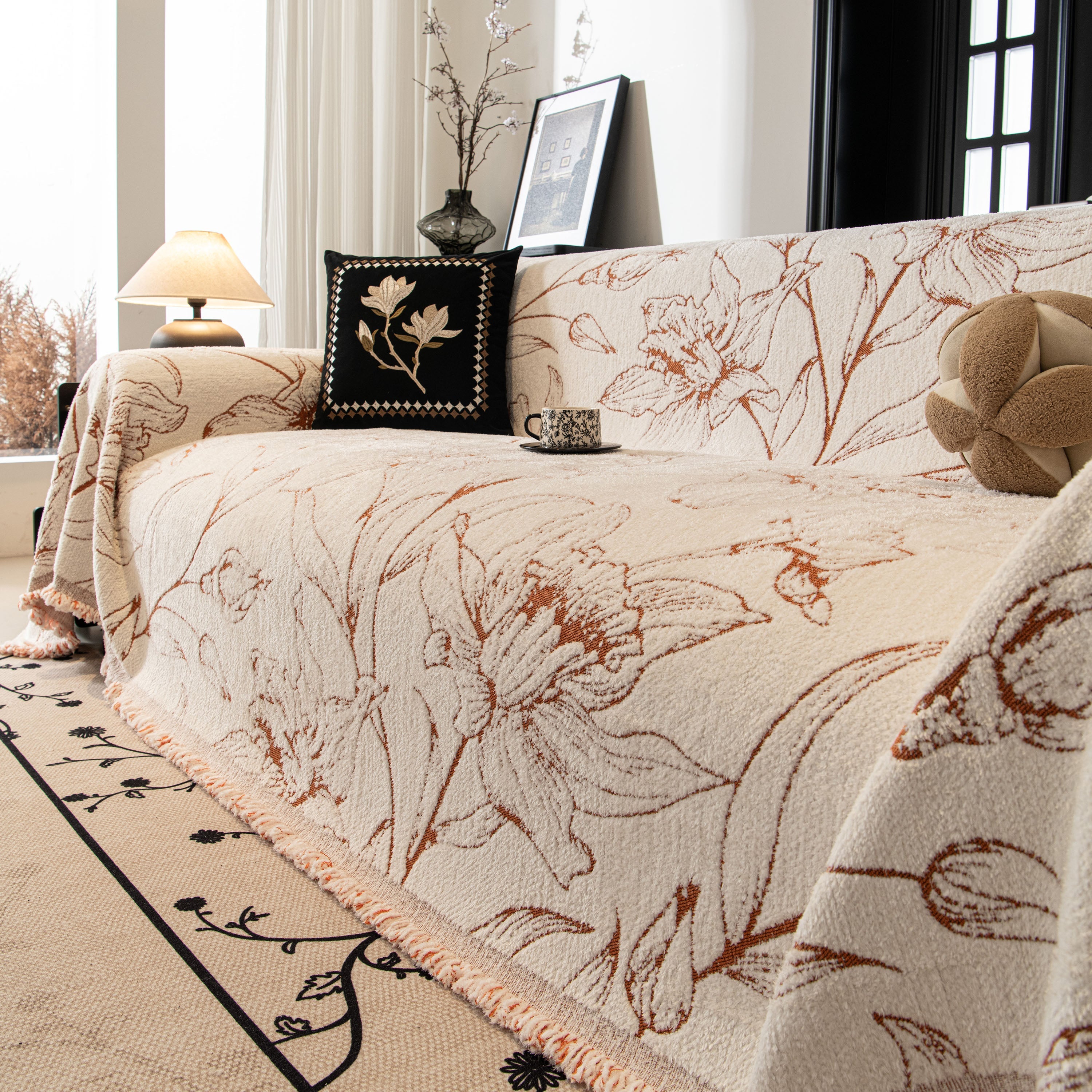 Large Floral Sofa Cover Throw Blanket, Plush Jacquard Non-Shedding Couch Cover for Pets