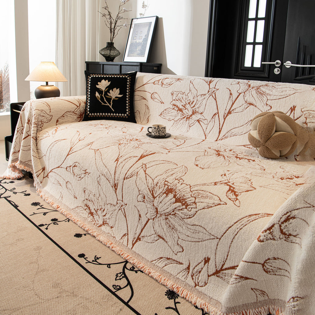 Large Floral Sofa Cover Throw Blanket, Plush Jacquard Non-Shedding Couch Cover for Pets