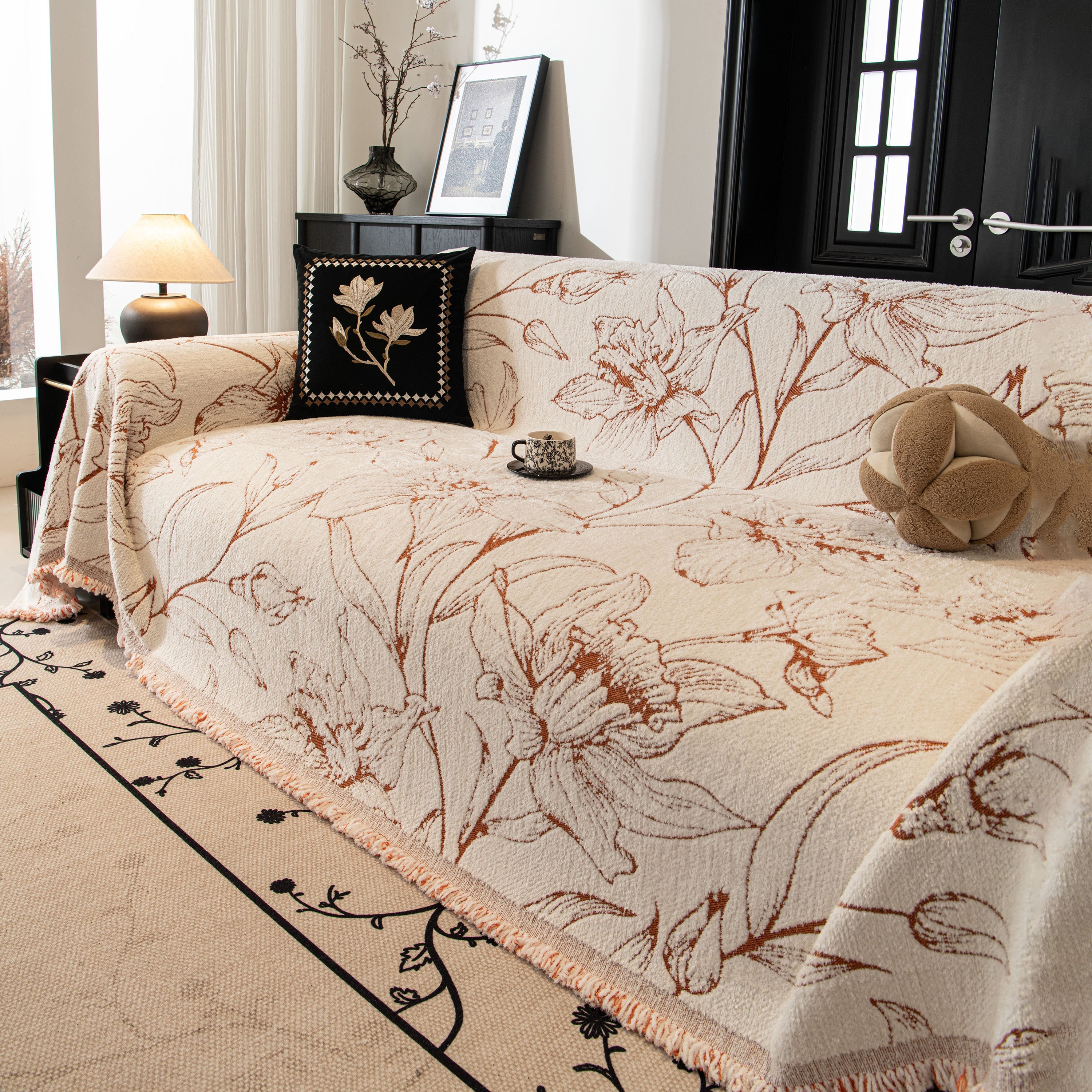 Large Floral Sofa Cover Throw Blanket, Plush Jacquard Non-Shedding Couch Cover for Pets