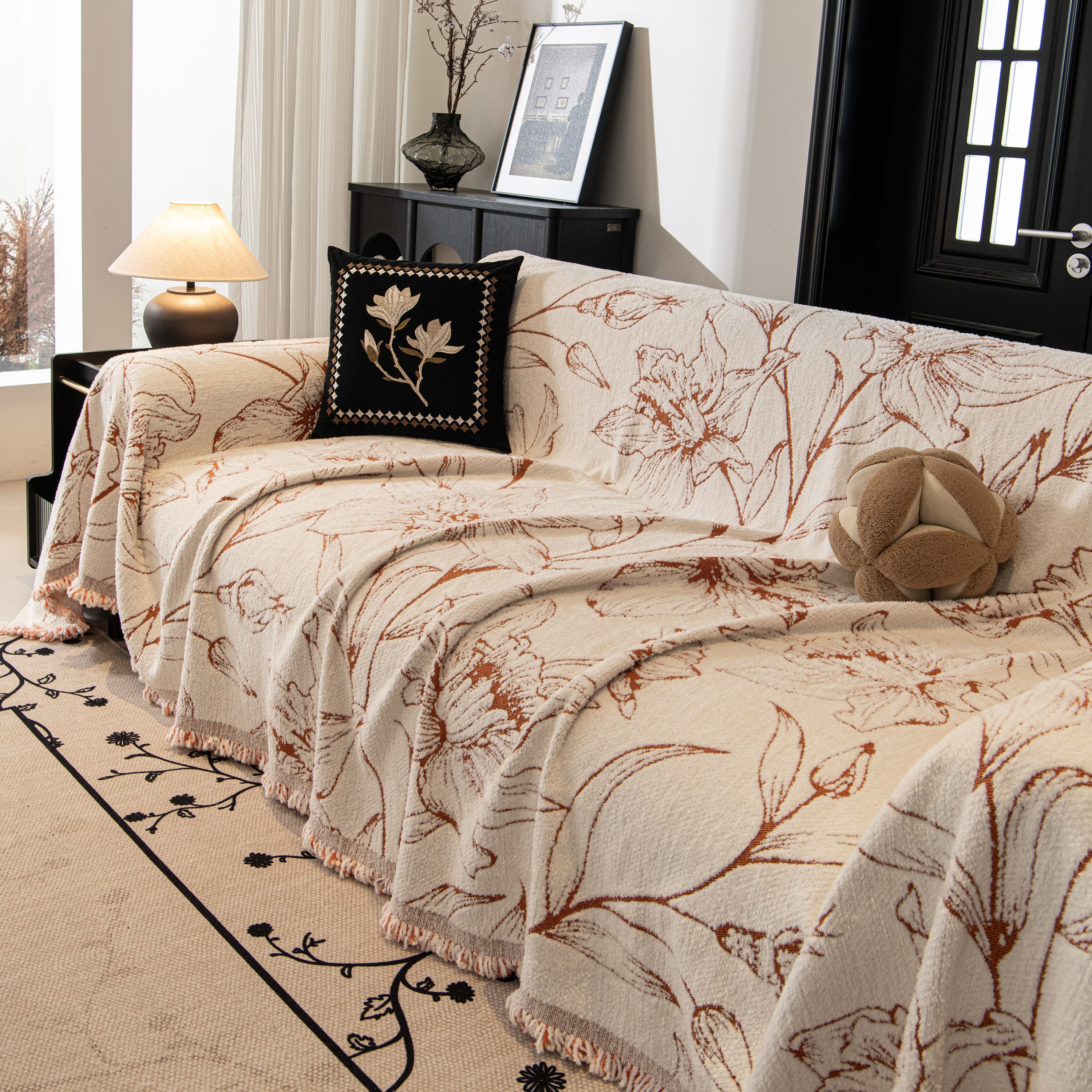 Large Floral Sofa Cover Throw Blanket, Plush Jacquard Non-Shedding Couch Cover for Pets