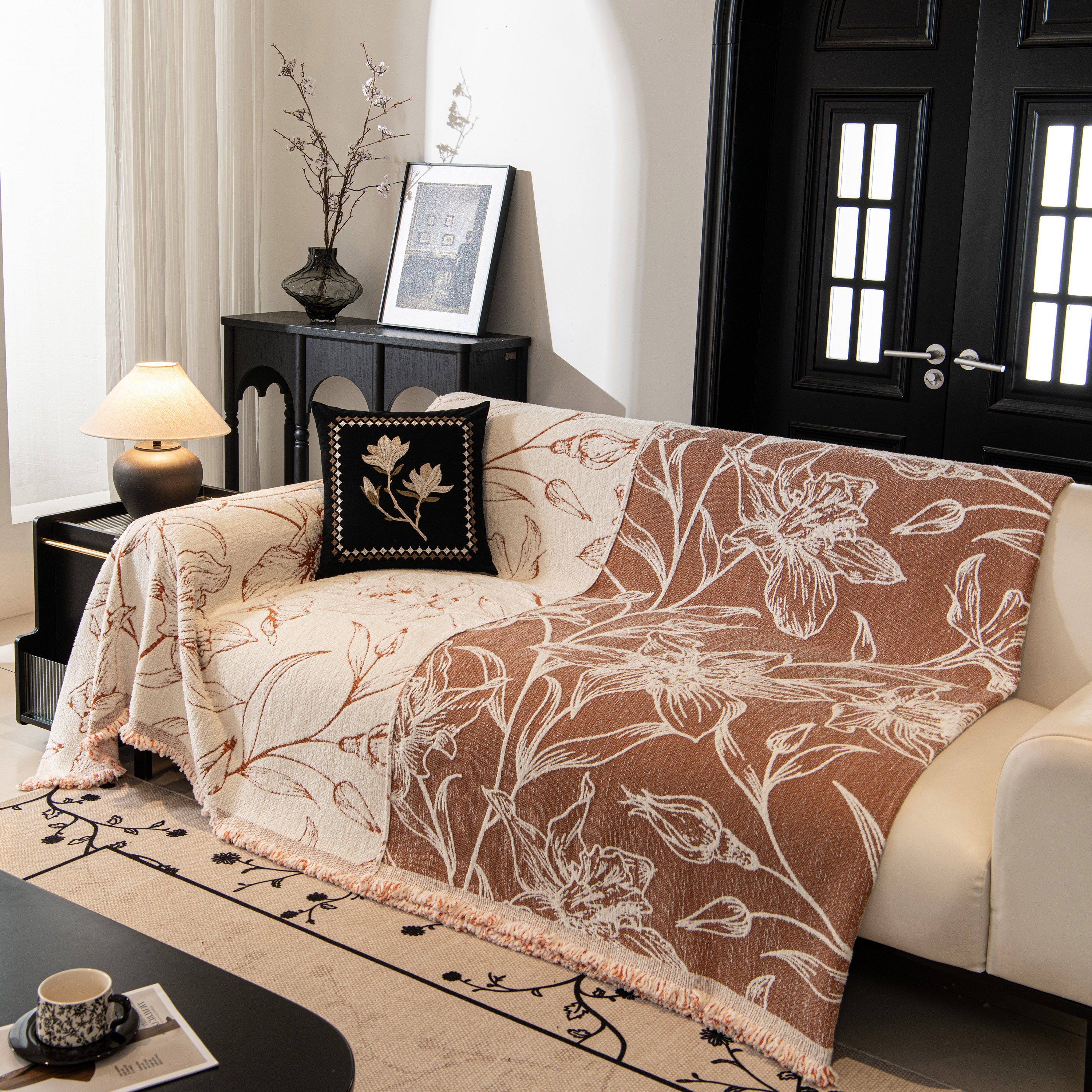 Large Floral Sofa Cover Throw Blanket, Plush Jacquard Non-Shedding Couch Cover for Pets