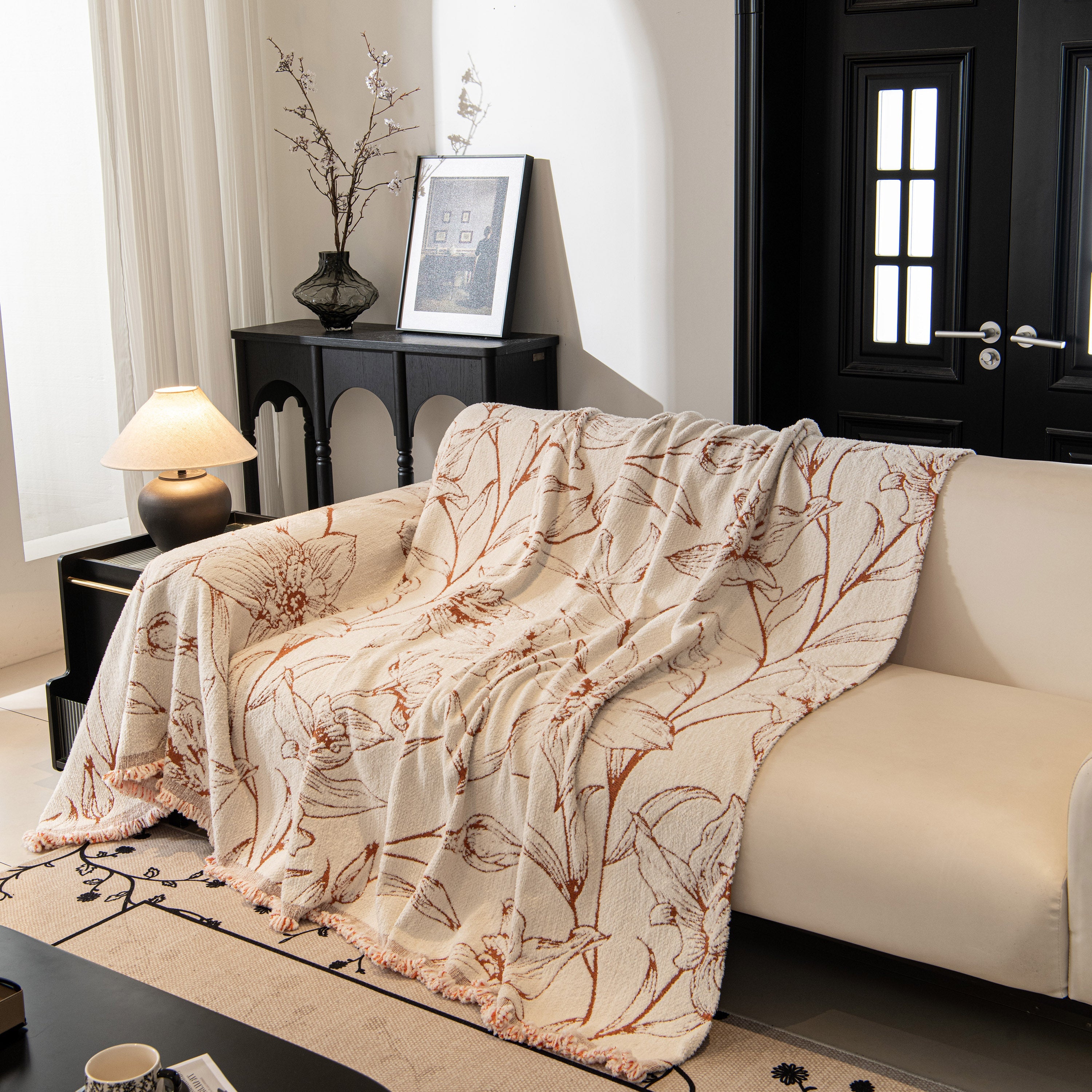Large Floral Sofa Cover Throw Blanket, Plush Jacquard Non-Shedding Couch Cover for Pets